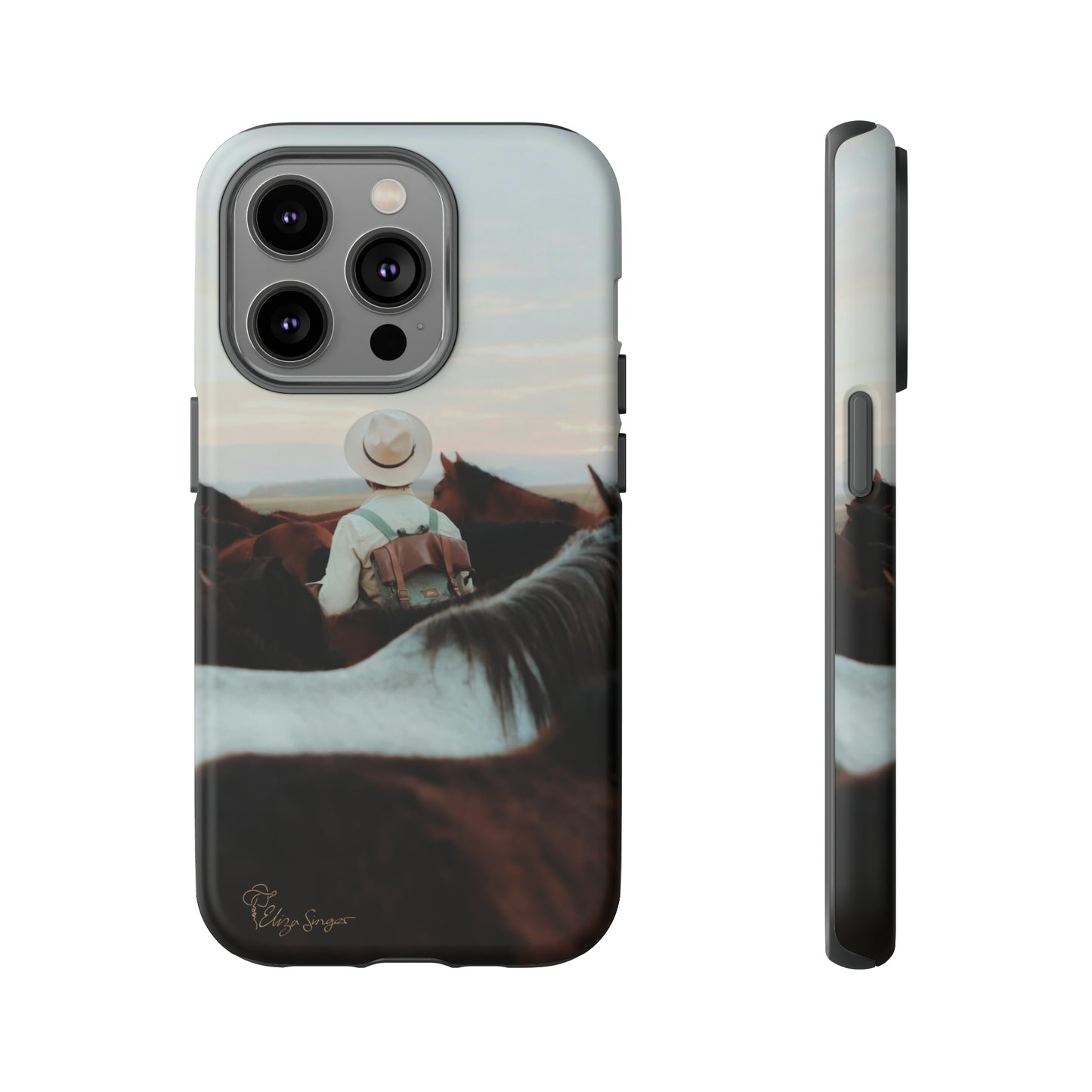 Ride into the Wild: Horse Art Western Photo Yellowstone Design iPhone Tough Protective Cover. Featuring a Cowboy amidst Mountains and Buckskin hues. Compatible with iPhone 15, 14, 13, XS, XR Pro/Max/Mini/P/Plus. Embrace the Spirit of the West with Style and Durability. #ElizaSinger #PhoneCase #WesternDesign