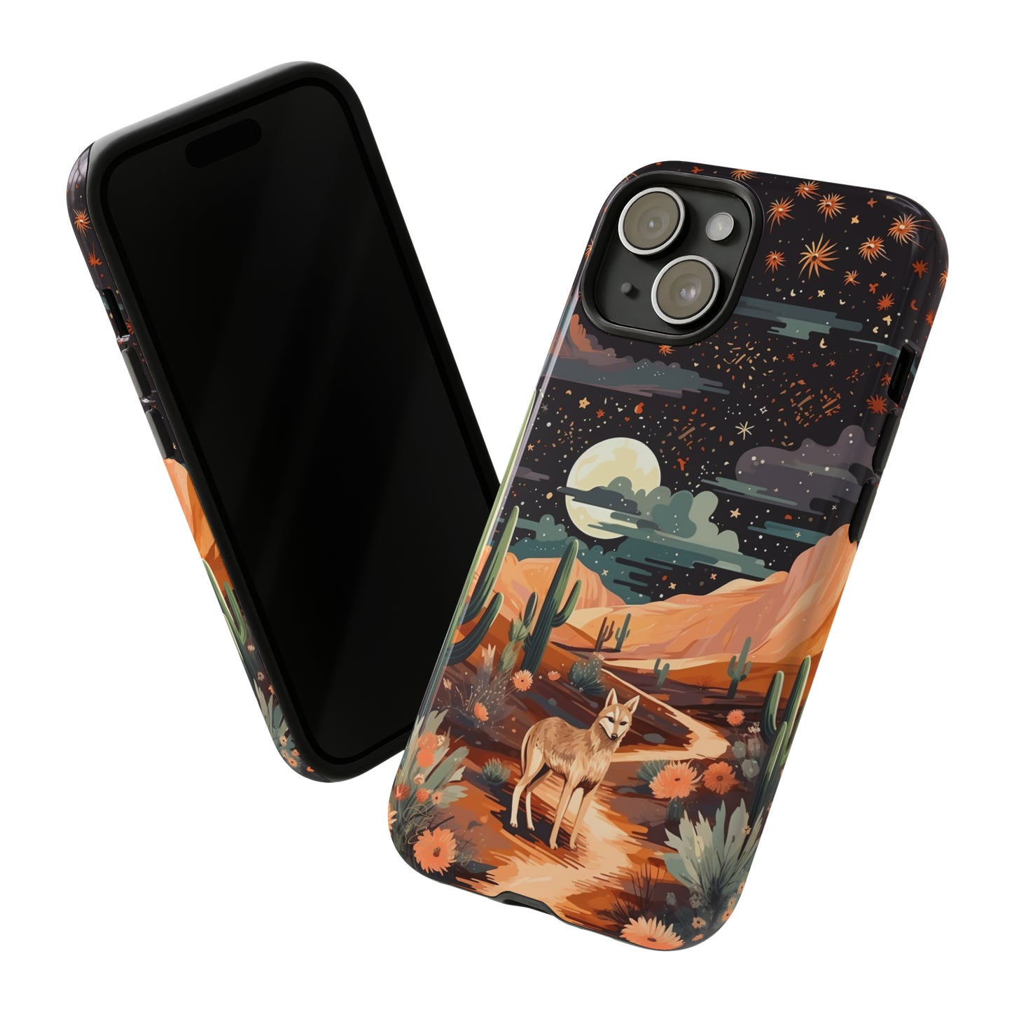 Unveiling our Tough Western Cell Phone Case: Stellar Desert Jackal Edition! Embrace the beauty of the night with a jackal in a desert landscape, under a starry sky, surrounded by cacti. This case provides rugged protection with a touch of celestial elegance.