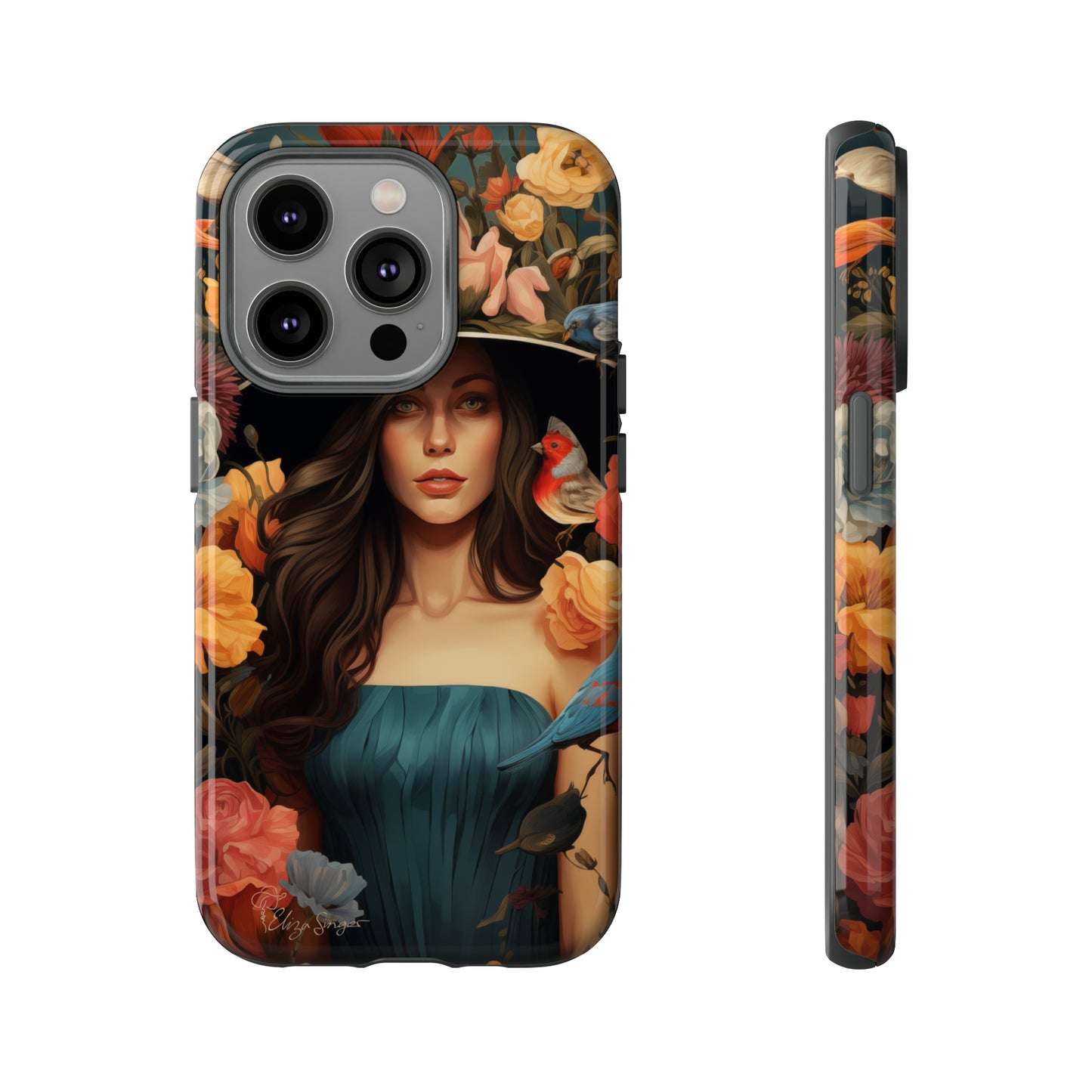 Dark Elegance Unveiled: Explore our Tough Cell Phone Case with a captivating dark background and a woman adorned with a hat amid blooming flowers. This edition seamlessly blends sophistication with robust protection, showcasing the allure of dark elegance. Elevate your style and shield your device. #ElizaSinger #PhoneCase #ElegantProtection