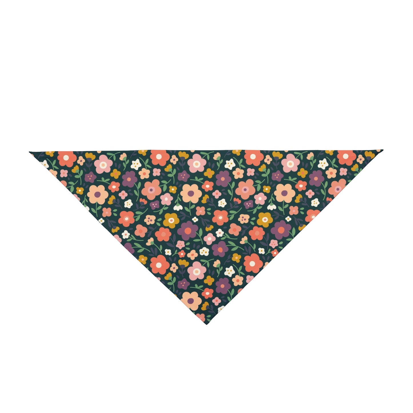 Elevate your dog's style with our Minimalist Blooms Dog Bandana/Wild Rag. The dark background adorned with minimalistic style flowers in colors like purple, burnt orange, mustard, and more adds a touch of modern sophistication. Crafted from soft-spun polyester, this wild rag ensures comfort and style. Make a statement on every adventure with this exclusive design, available only at Eliza Singer.