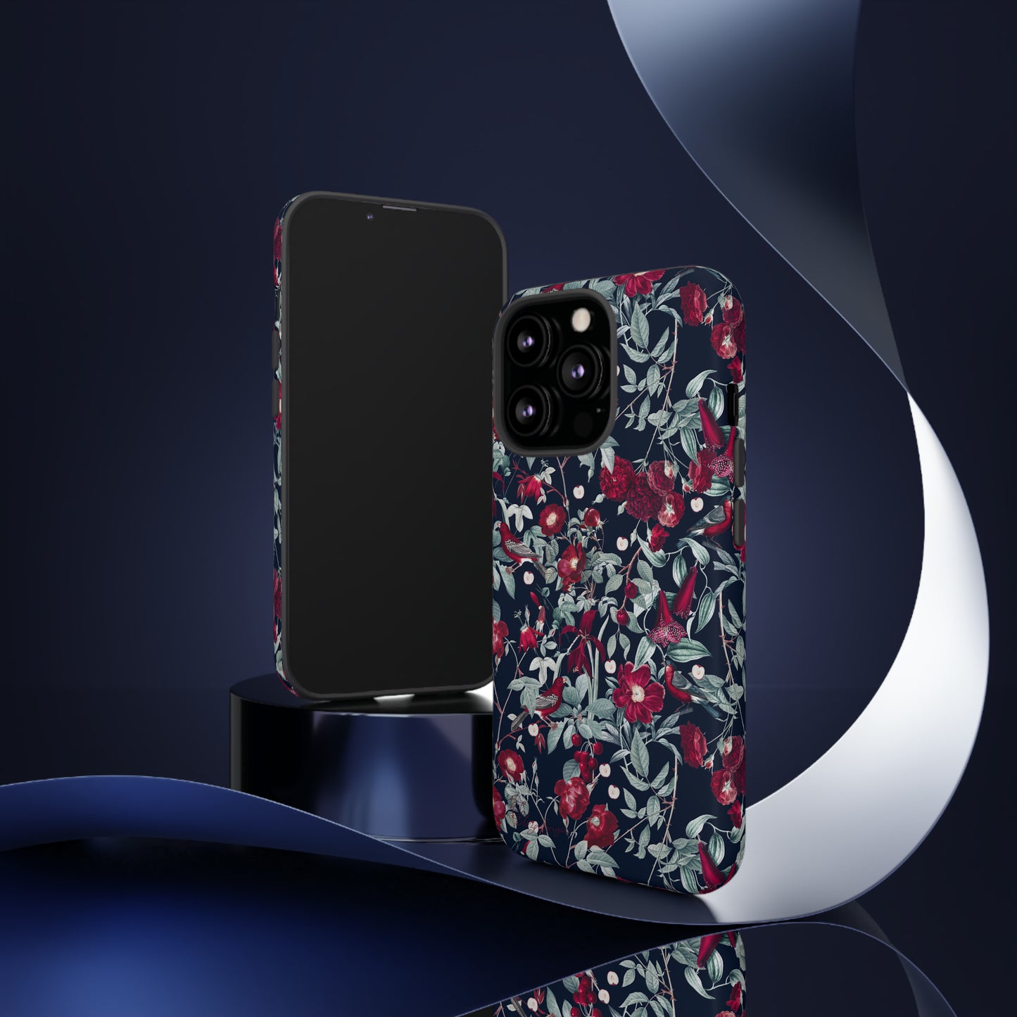 Blossom Serenade: Cherry Blossom Serenade Burgundy Navy Dark iPhone Tough Protective Cover. A captivating blend of Flowers in burgundy and navy hues, featuring a muted design. Compatible with iPhone 15, 14, 13, XS, XR Pro/Max/Mini/P/Plus. Elevate your device with this enchanting and stylish protective cover. #ElizaSinger #PhoneCase #FloralDesign
