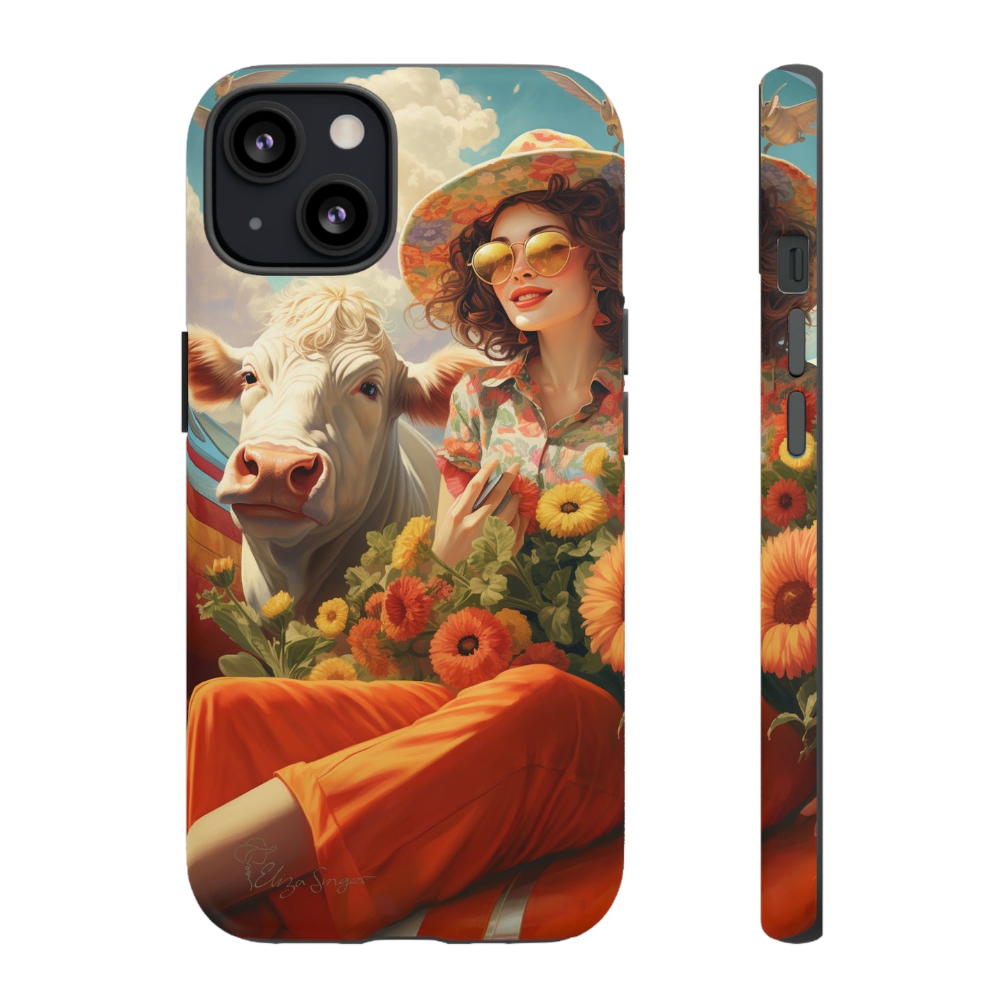 Timeless Retro Charm: Step back in time with our Tough Western Cell Phone Case. Featuring a vintage and bright design, a woman in a hat with daisies is accompanied by a cow looking over her shoulder. Experience the perfect blend of retro aesthetics and durability. Elevate your style with a touch of nostalgia. #ElizaSinger #PhoneCase #RetroStyle