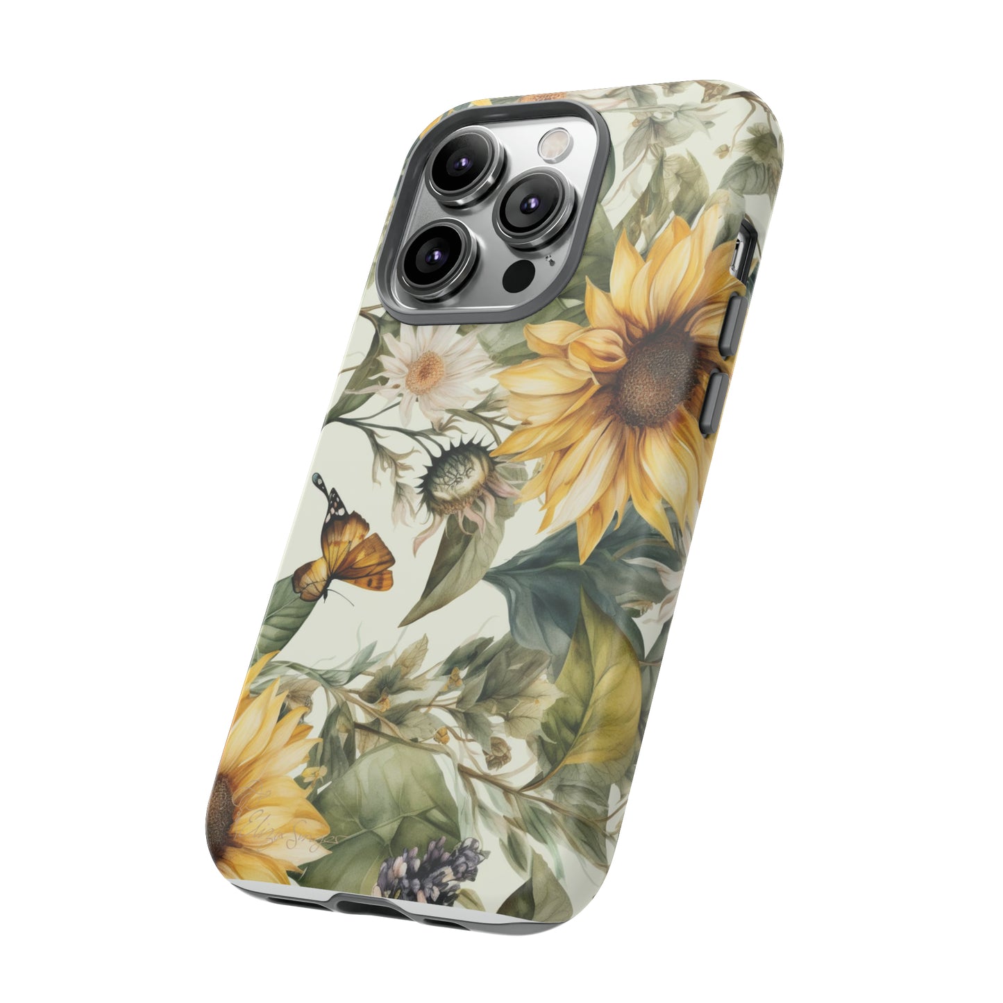 Bask in Sunshine: Beautiful Sunflower Floral iPhone Tough Protective Cover. A charming blend of Flower and Sunflowers in a cottage core style, compatible with iPhone 15, 14, 13, XS, XR Pro/Max/Mini/P/Plus. Elevate Your Device with Nature's Beauty and Durability. #ElizaSinger #PhoneCase #FloralDesign