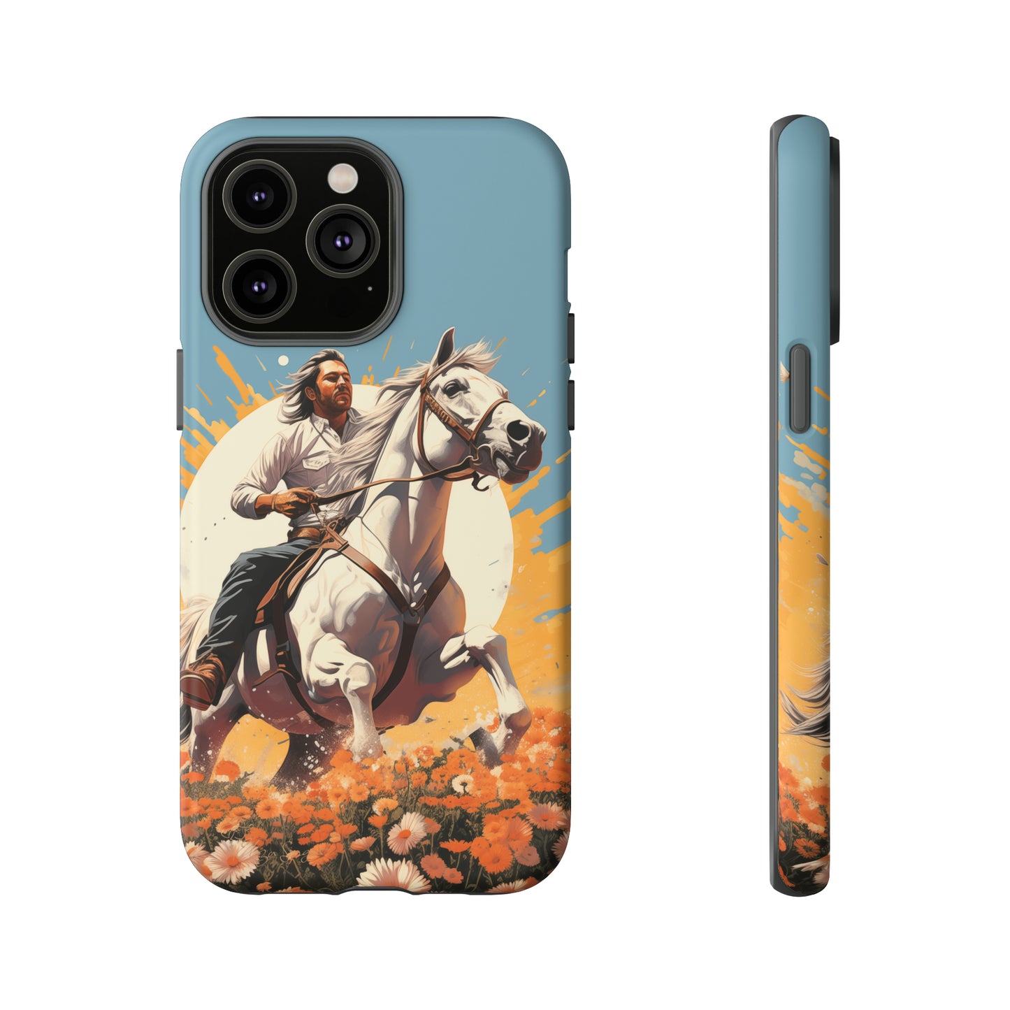 Retro Radiance Unleashed: Behold our Tough Western Cell Phone Case, featuring a vintage white horse and male rider on a vibrant turquoise backdrop. Set in a field of flowers with the sun casting a warm glow, this edition seamlessly blends style with protection. Embrace the past with this retro and stylish accessory. #ElizaSinger #PhoneCase #RetroRadiance