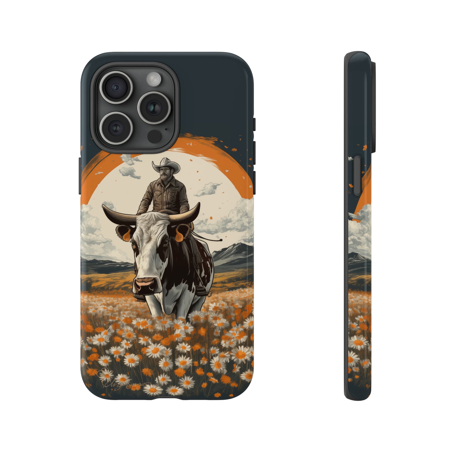 Meet 'Rugged Wrangler': Introducing our Tough Western Cell Phone Case. This unique design seamlessly combines rugged protection with a touch of whimsy, showcasing a fearless cowboy astride a dairy cow amidst a field of vibrant daisies. Elevate your style with this adventurous and protective accessory. #ElizaSinger #PhoneCase #RuggedWrangler