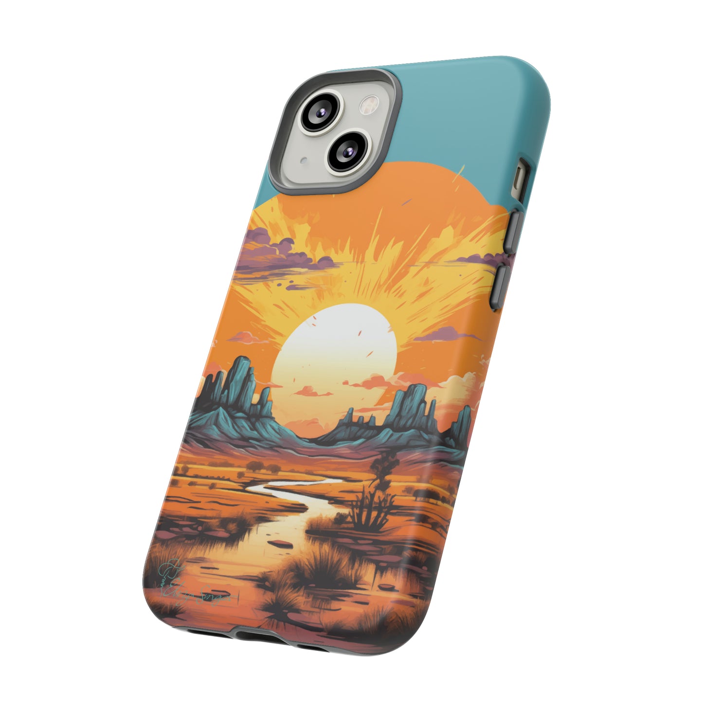 Introducing our Tough Western Cell Phone Case: Turquoise Twilight Oasis Edition! This captivating design showcases a serene landscape with a turquoise background and a mesmerizing setting sun. Enjoy the perfect blend of rugged protection and artistic flair.