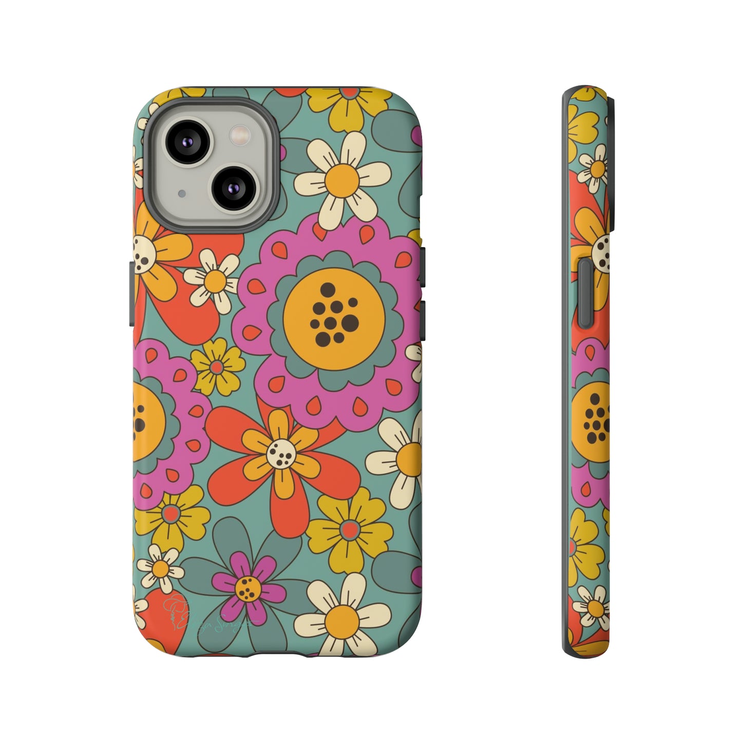 Step into the Groove: Groovy Hippie Hippy Design iPhone Tough Protective Cover. A nod to the 60's with Daisy Design in Turquoise and Pink. Compatible with iPhone 15, 14, 13, XS, XR Pro/Max/Mini/P/Plus. Embrace Retro Vibes with Style and Durability. #ElizaSinger #PhoneCase #GroovyDesign