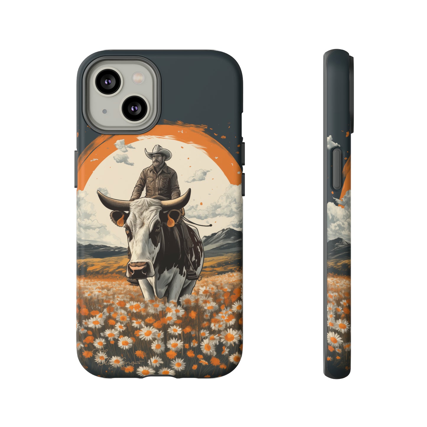 Meet 'Rugged Wrangler': Introducing our Tough Western Cell Phone Case. This unique design seamlessly combines rugged protection with a touch of whimsy, showcasing a fearless cowboy astride a dairy cow amidst a field of vibrant daisies. Elevate your style with this adventurous and protective accessory. #ElizaSinger #PhoneCase #RuggedWrangler