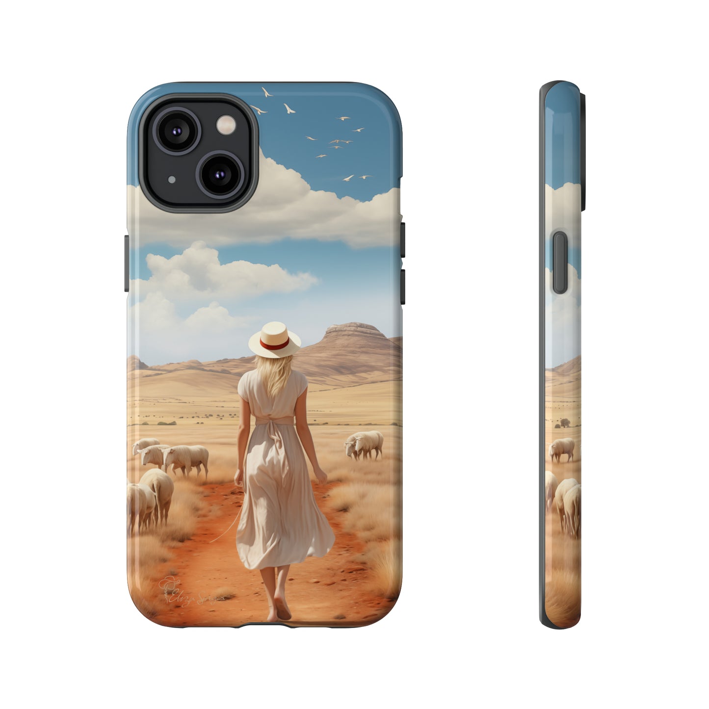 Serenity in Hand: Our Tough Western Cell Phone Case invites you to experience tranquility. A vintage painted design portrays a woman in a skirt and hat walking on a dirt road through a prairie, with grazing sheep. Let the vanishing horizon captivate your senses. Elevate your phone with timeless beauty. #ElizaSinger #PhoneCase