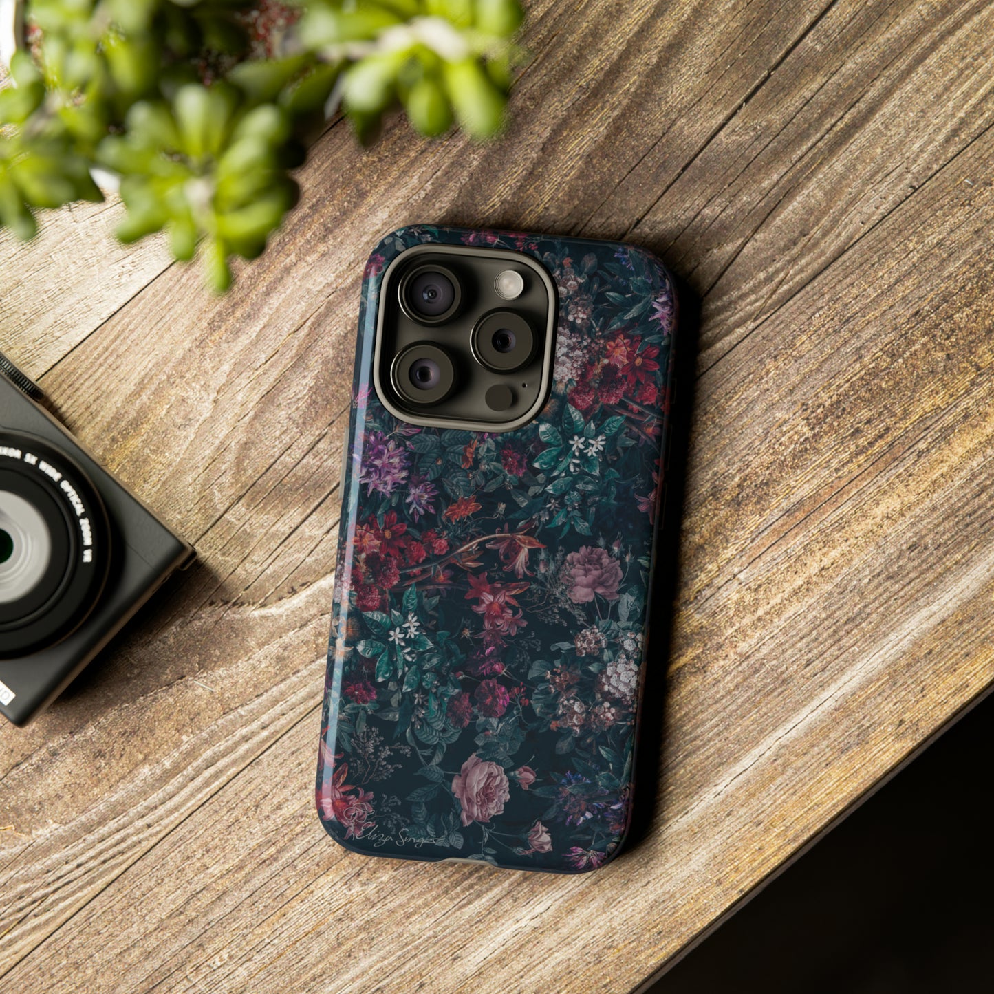 Blooms in Shadows: Botany Floral Dark iPhone Tough Protective Cover. A captivating blend of Flowers in a muted design, compatible with iPhone 15, 14, 13, 12, 11, XS, XR Pro/Max/Mini/P/Plus. Unleash Nature's Elegance with Durability and Style. #ElizaSinger #PhoneCase #FloralDesign