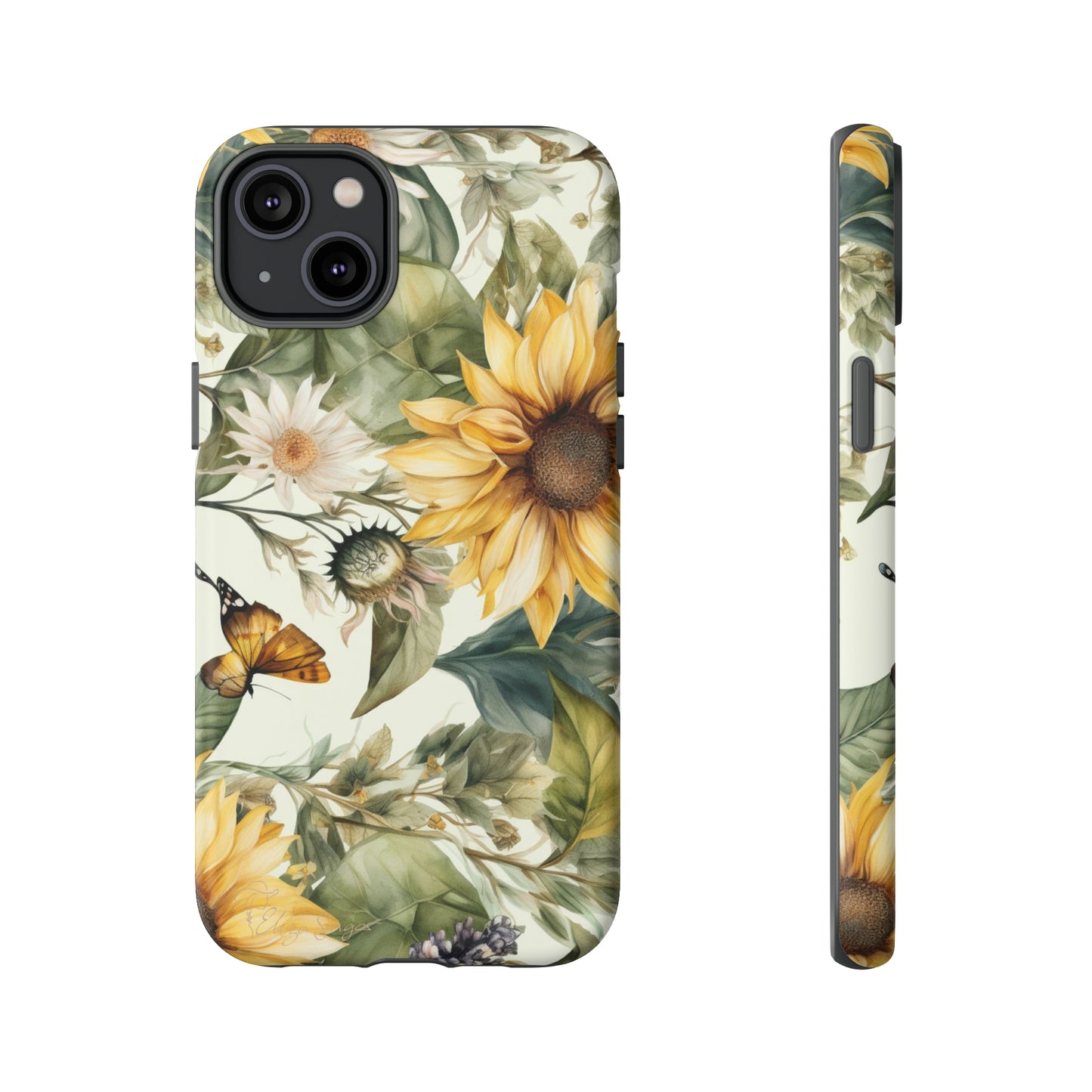 Bask in Sunshine: Beautiful Sunflower Floral iPhone Tough Protective Cover. A charming blend of Flower and Sunflowers in a cottage core style, compatible with iPhone 15, 14, 13, XS, XR Pro/Max/Mini/P/Plus. Elevate Your Device with Nature's Beauty and Durability. #ElizaSinger #PhoneCase #FloralDesign