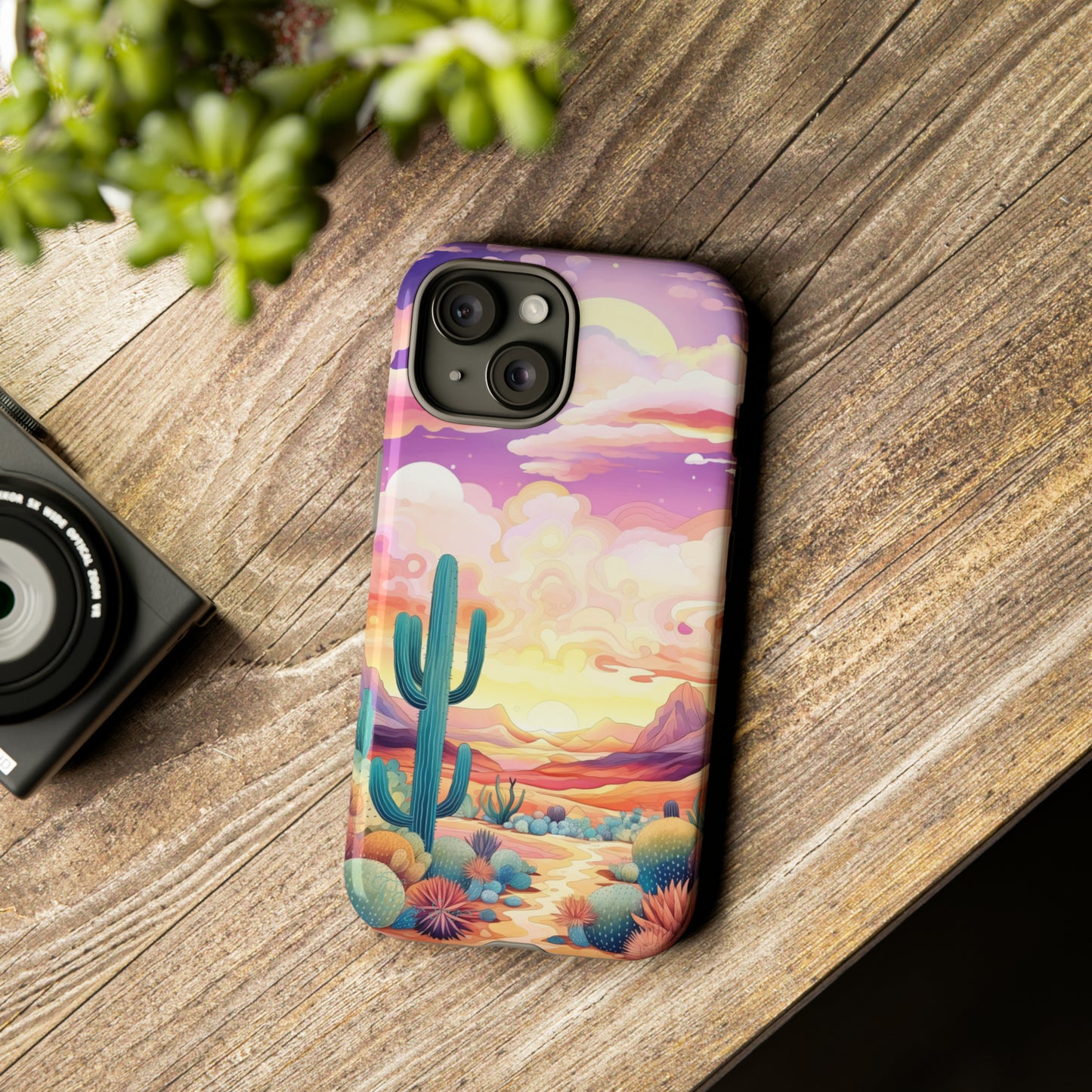 Introducing our Western Tough Cell Phone Case: Psychedelic Desert Dream Edition! Step into a surreal world with a psychedelic desert landscape, dreamy sky, and cactus. This case combines rugged protection with a touch of otherworldly charm.