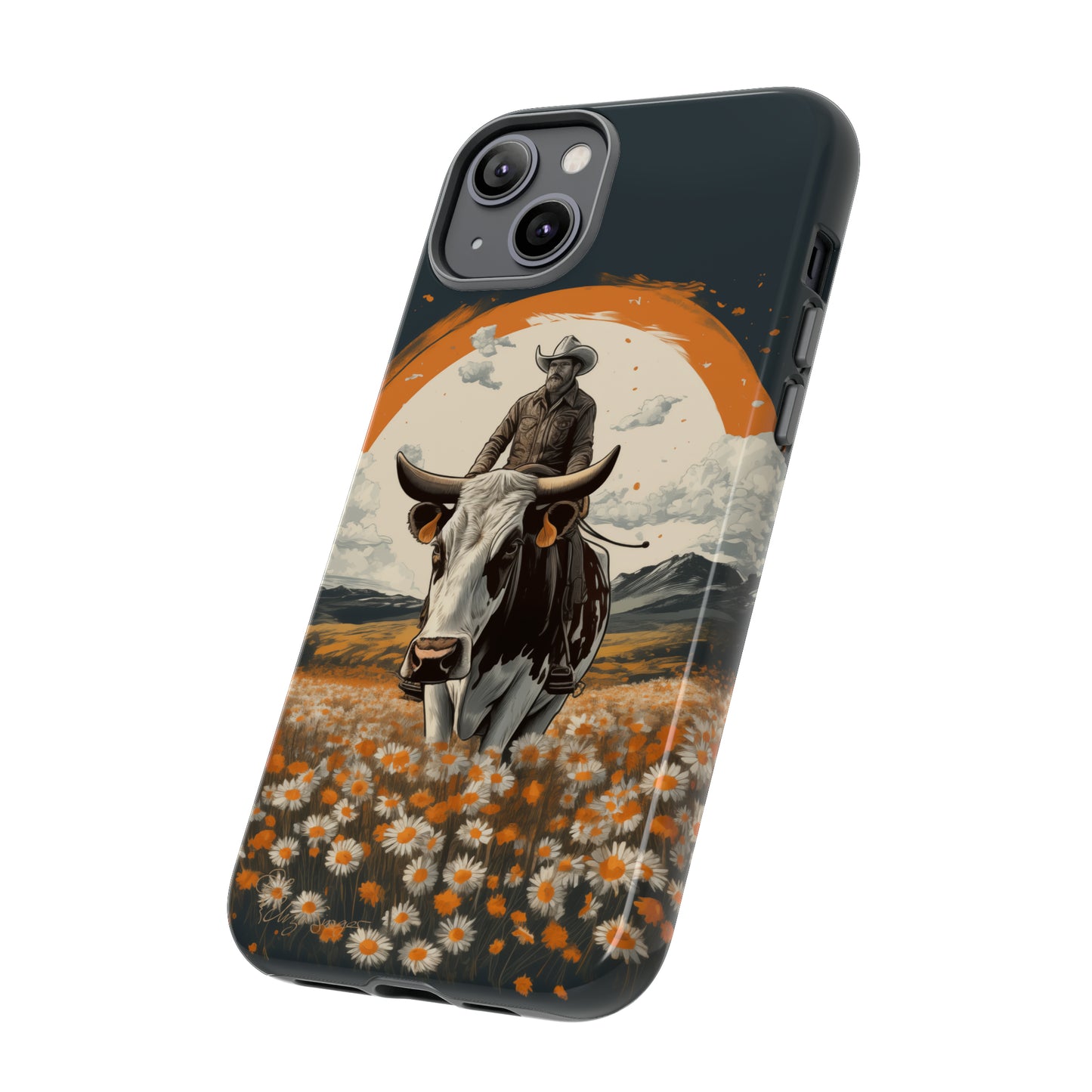 Meet 'Rugged Wrangler': Introducing our Tough Western Cell Phone Case. This unique design seamlessly combines rugged protection with a touch of whimsy, showcasing a fearless cowboy astride a dairy cow amidst a field of vibrant daisies. Elevate your style with this adventurous and protective accessory. #ElizaSinger #PhoneCase #RuggedWrangler
