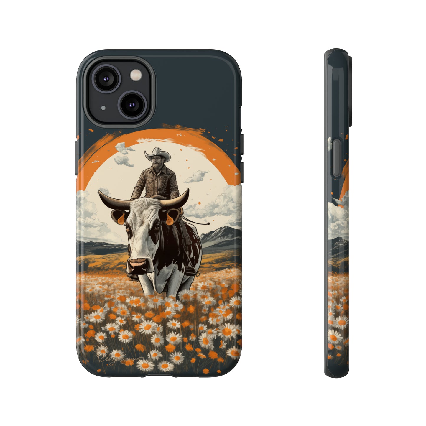 Meet 'Rugged Wrangler': Introducing our Tough Western Cell Phone Case. This unique design seamlessly combines rugged protection with a touch of whimsy, showcasing a fearless cowboy astride a dairy cow amidst a field of vibrant daisies. Elevate your style with this adventurous and protective accessory. #ElizaSinger #PhoneCase #RuggedWrangler