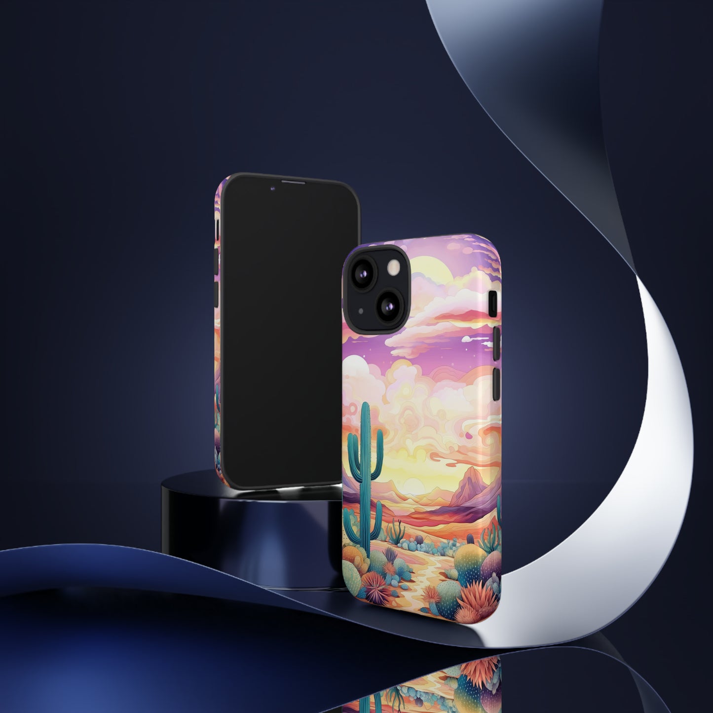 Introducing our Western Tough Cell Phone Case: Psychedelic Desert Dream Edition! Step into a surreal world with a psychedelic desert landscape, dreamy sky, and cactus. This case combines rugged protection with a touch of otherworldly charm.