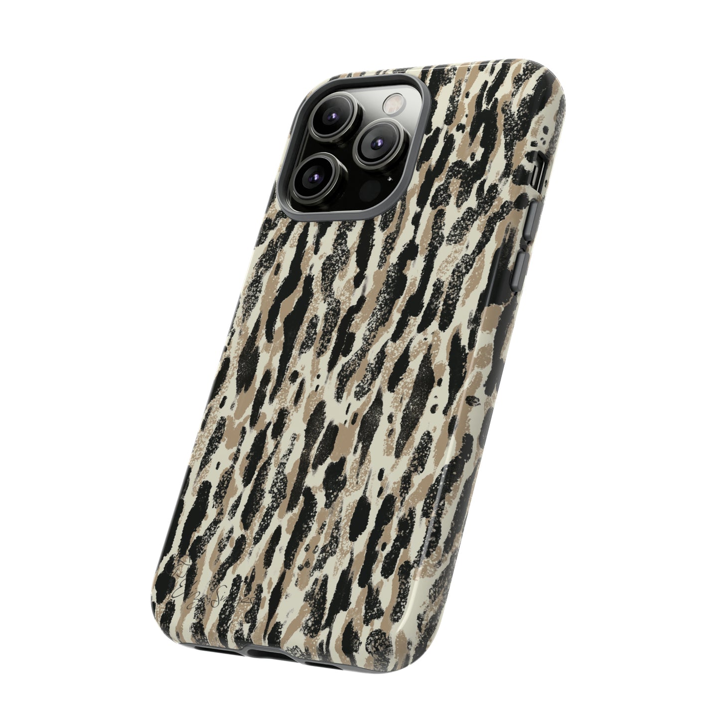 Elevate Your Tech: Abstract Neutral Animal Print iPhone Tough Protective Cover. Leopard-Painted Design in Beige and Black. Compatible with iPhone 15, 14, 13, XS, XR Pro/Max/Mini/P/Plus. Unleash the Wild with Style and Durability. #ElizaSinger #PhoneCase #LeopardPrint