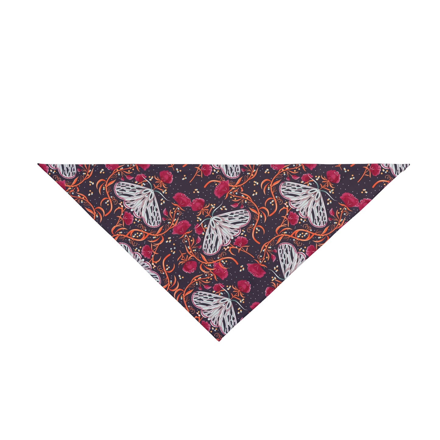 Unleash a touch of mystery with our Night Moth Dog Bandana/Wild Rag. The beautiful dark navy background adorned with grey moths, burgundy flowers, and orange-y branches creates an enchanting and captivating look. Crafted from soft-spun polyester, this wild rag ensures comfort and style. Make every outdoor escapade magical with this exclusive design, available only at Eliza Singer.