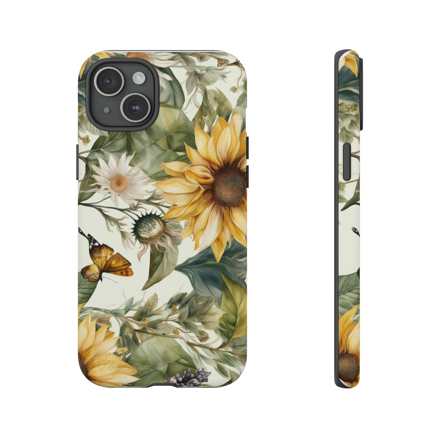 Bask in Sunshine: Beautiful Sunflower Floral iPhone Tough Protective Cover. A charming blend of Flower and Sunflowers in a cottage core style, compatible with iPhone 15, 14, 13, XS, XR Pro/Max/Mini/P/Plus. Elevate Your Device with Nature's Beauty and Durability. #ElizaSinger #PhoneCase #FloralDesign
