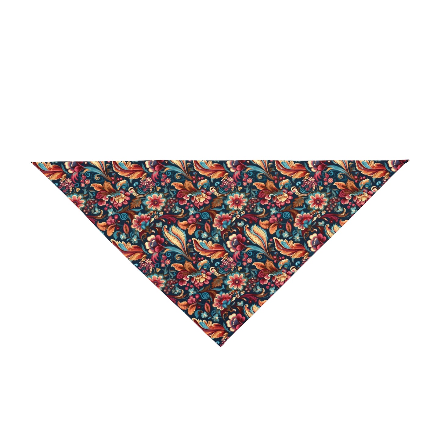Immerse your dog in a Floral Symphony with our Dog Bandana/Wild Rag. The dark navy background adorned with flowers and paisley details in pink, turquoise, beige, orange, and more creates a harmonious and stylish ensemble. Crafted from soft-spun polyester, this wild rag ensures comfort and style. Also available for humans, exclusively at Eliza Singer.