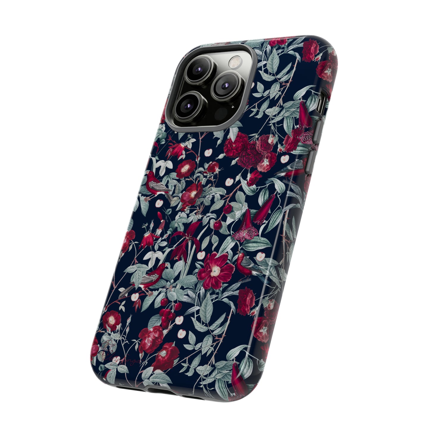 Blossom Serenade: Cherry Blossom Serenade Burgundy Navy Dark iPhone Tough Protective Cover. A captivating blend of Flowers in burgundy and navy hues, featuring a muted design. Compatible with iPhone 15, 14, 13, XS, XR Pro/Max/Mini/P/Plus. Elevate your device with this enchanting and stylish protective cover. #ElizaSinger #PhoneCase #FloralDesign