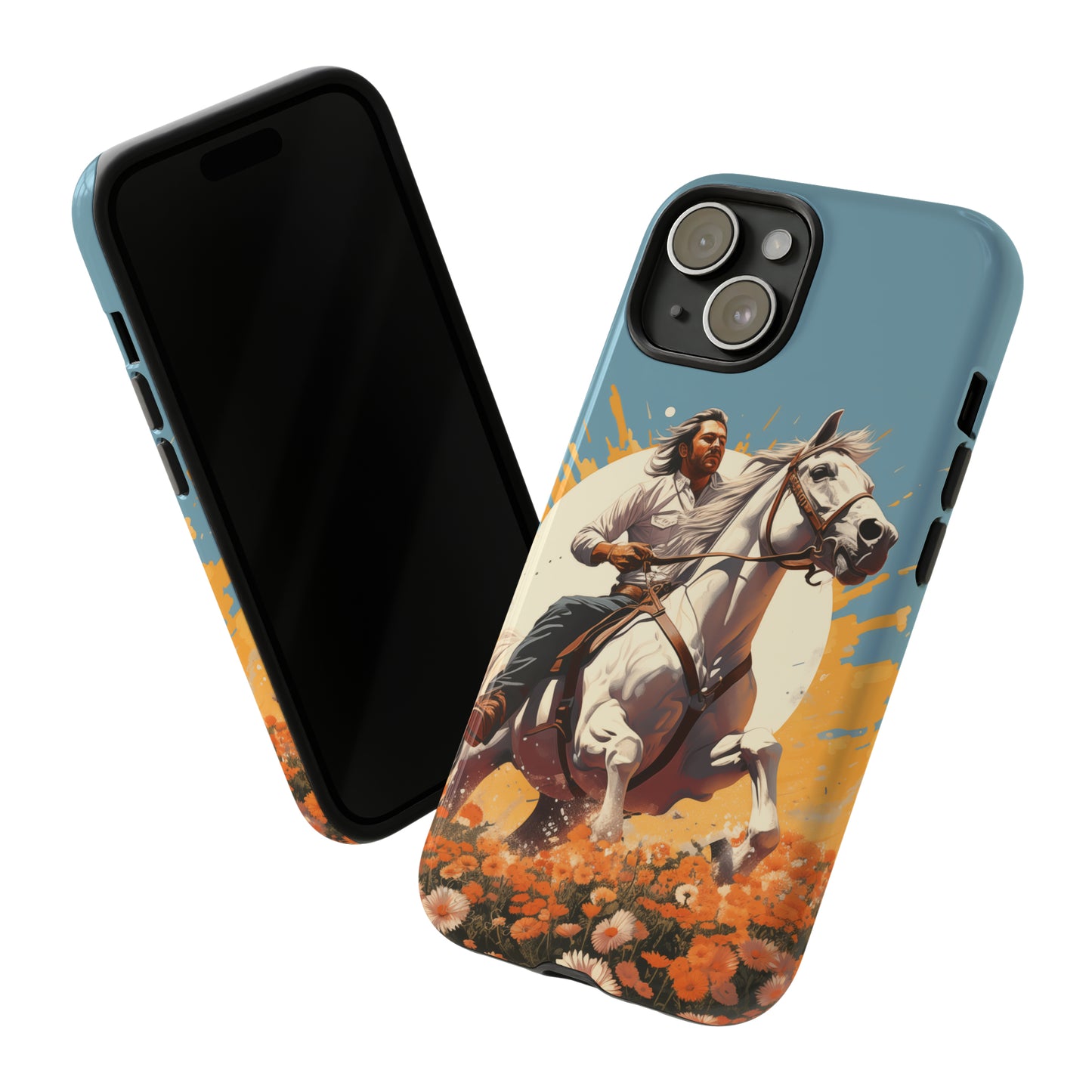Retro Radiance Unleashed: Behold our Tough Western Cell Phone Case, featuring a vintage white horse and male rider on a vibrant turquoise backdrop. Set in a field of flowers with the sun casting a warm glow, this edition seamlessly blends style with protection. Embrace the past with this retro and stylish accessory. #ElizaSinger #PhoneCase #RetroRadiance