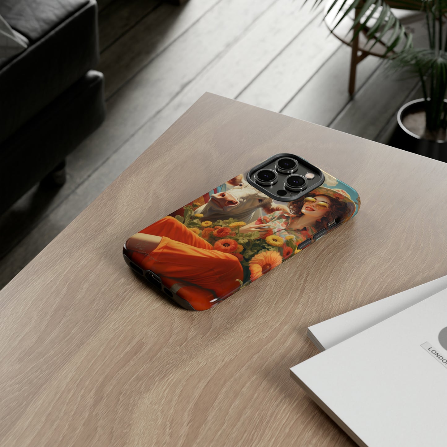 Timeless Retro Charm: Step back in time with our Tough Western Cell Phone Case. Featuring a vintage and bright design, a woman in a hat with daisies is accompanied by a cow looking over her shoulder. Experience the perfect blend of retro aesthetics and durability. Elevate your style with a touch of nostalgia. #ElizaSinger #PhoneCase #RetroStyle