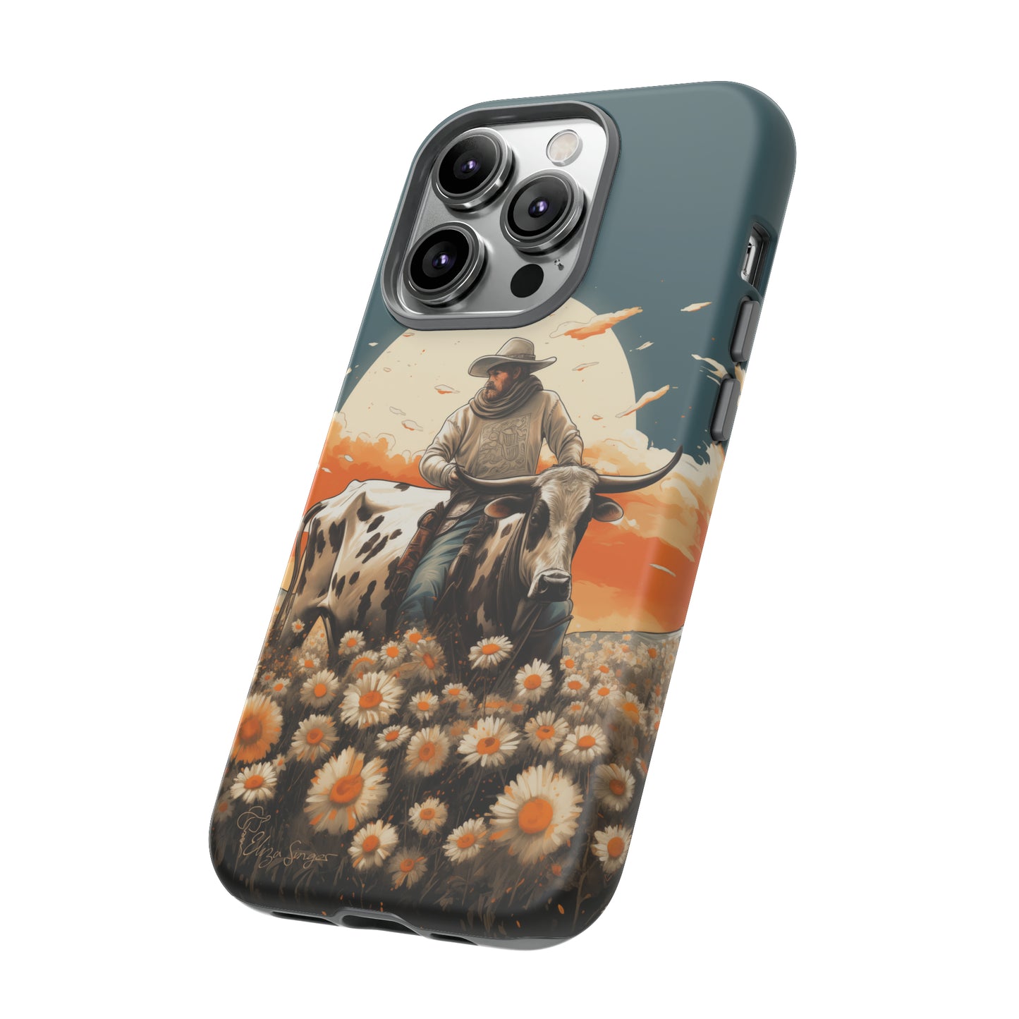 Harmony of Contrasts: Dive into our Tough Cell Phone Case, a visual symphony featuring a bullrider on a black and white dairy cow amidst a vibrant field of flowers. This edition effortlessly merges toughness with artistic flair, offering a unique and captivating contrast. Elevate your phone with rugged elegance. #ElizaSinger #PhoneCase #ContrastHarmony
