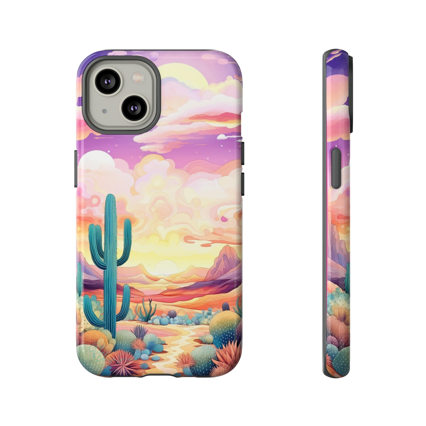 Introducing our Western Tough Cell Phone Case: Psychedelic Desert Dream Edition! Step into a surreal world with a psychedelic desert landscape, dreamy sky, and cactus. This case combines rugged protection with a touch of otherworldly charm.
