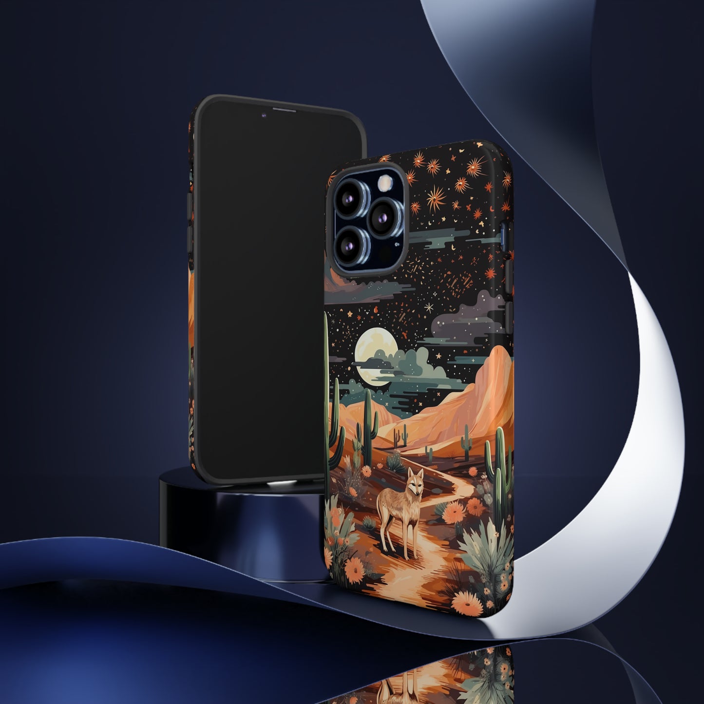 Unveiling our Tough Western Cell Phone Case: Stellar Desert Jackal Edition! Embrace the beauty of the night with a jackal in a desert landscape, under a starry sky, surrounded by cacti. This case provides rugged protection with a touch of celestial elegance.
