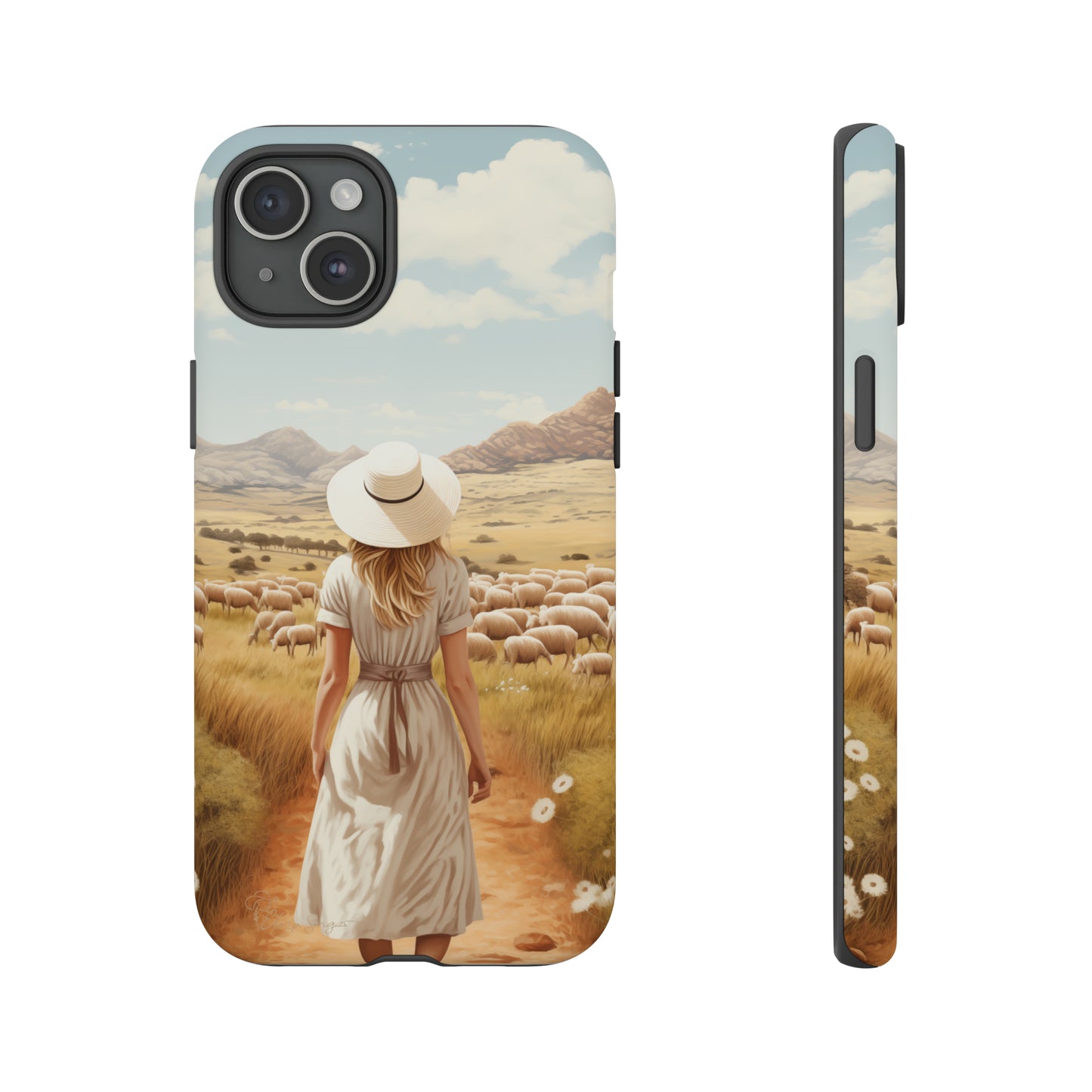 Dreamy Nostalgia: Immerse yourself in a vintage painted landscape with our Tough Western Cell Phone Case. Adorned with a woman in a hat strolling through a prairie with sheep, this edition captures the magic of the past. Elevate your phone with timeless charm. #ElizaSinger #PhoneCase