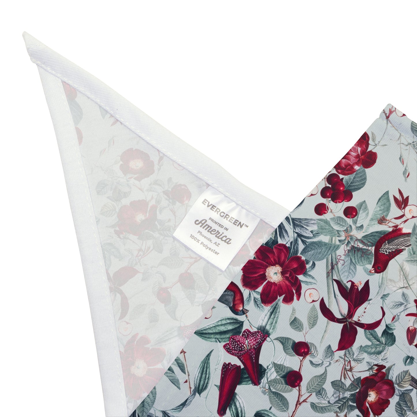 Embrace the beauty of nature with our Cherry Blossom Serenade Dog Bandana/Wild Rag. Burgundy cherry blossoms and birds on a very light grayish blue background create a serene and elegant look. Crafted from soft-spun polyester, this wild rag ensures comfort and style. Also available for humans, exclusively at Eliza Singer.
