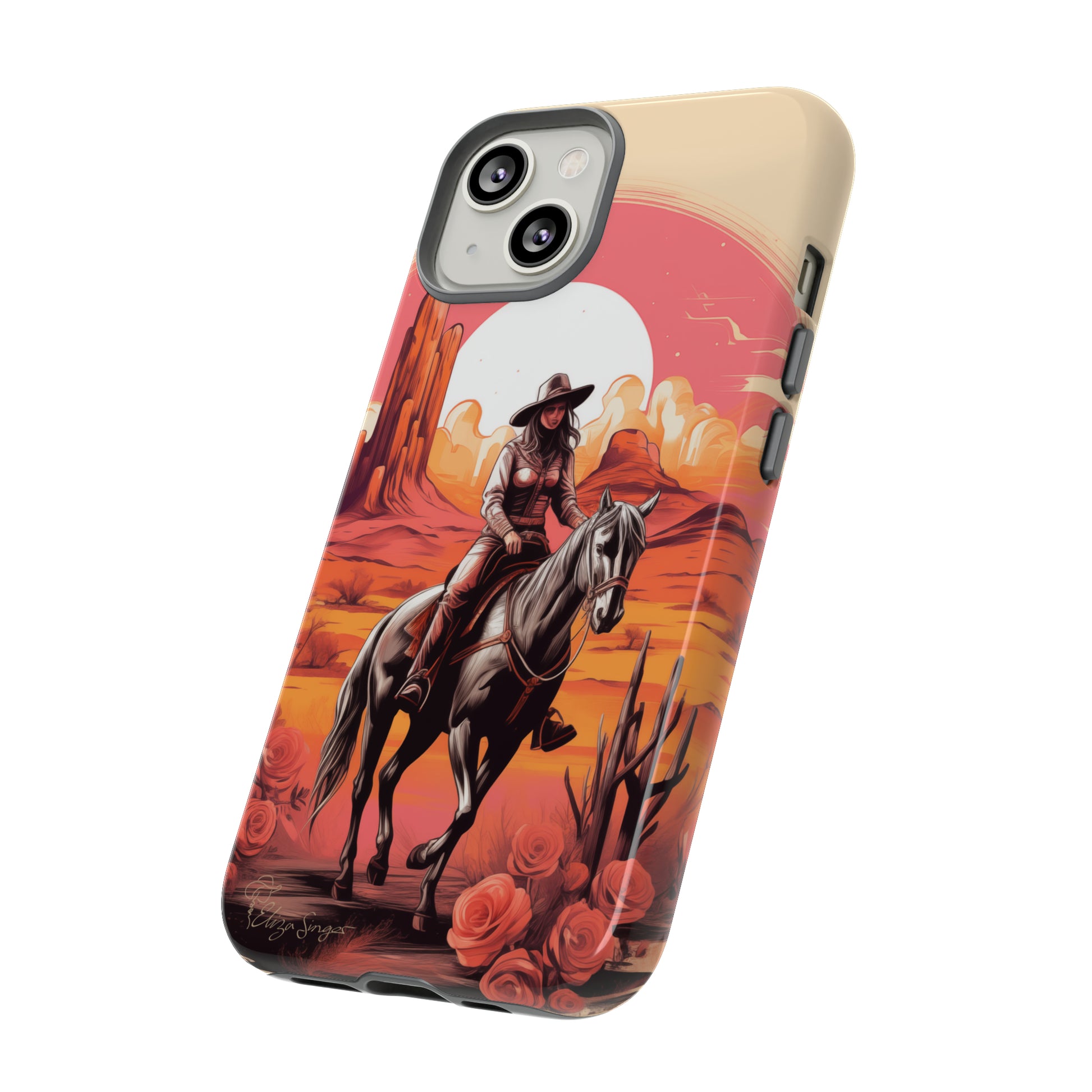 Feminine Adventure Unleashed: Introducing our Tough Western Cell Phone Case, adorned with a stunning design of a cowgirl riding a horse through the desert, surrounded by shades of coral. This unique edition seamlessly combines rugged protection with a touch of feminine flair. Elevate your style with a dash of adventurous charm. #ElizaSinger #PhoneCase #FeminineAdventure