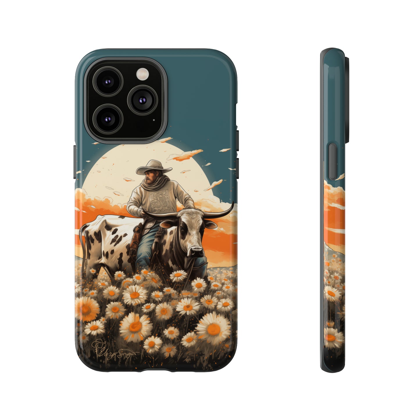 Harmony of Contrasts: Dive into our Tough Cell Phone Case, a visual symphony featuring a bullrider on a black and white dairy cow amidst a vibrant field of flowers. This edition effortlessly merges toughness with artistic flair, offering a unique and captivating contrast. Elevate your phone with rugged elegance. #ElizaSinger #PhoneCase #ContrastHarmony