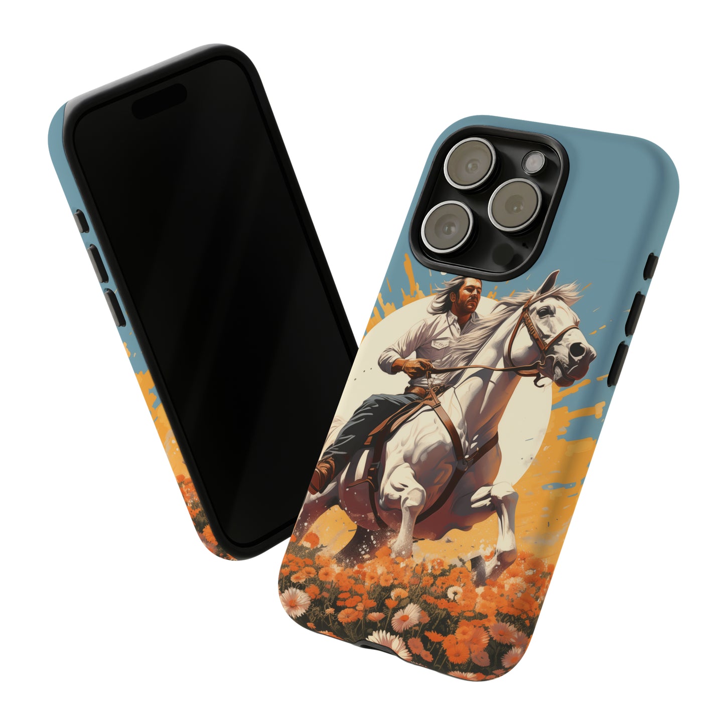 Retro Radiance Unleashed: Behold our Tough Western Cell Phone Case, featuring a vintage white horse and male rider on a vibrant turquoise backdrop. Set in a field of flowers with the sun casting a warm glow, this edition seamlessly blends style with protection. Embrace the past with this retro and stylish accessory. #ElizaSinger #PhoneCase #RetroRadiance