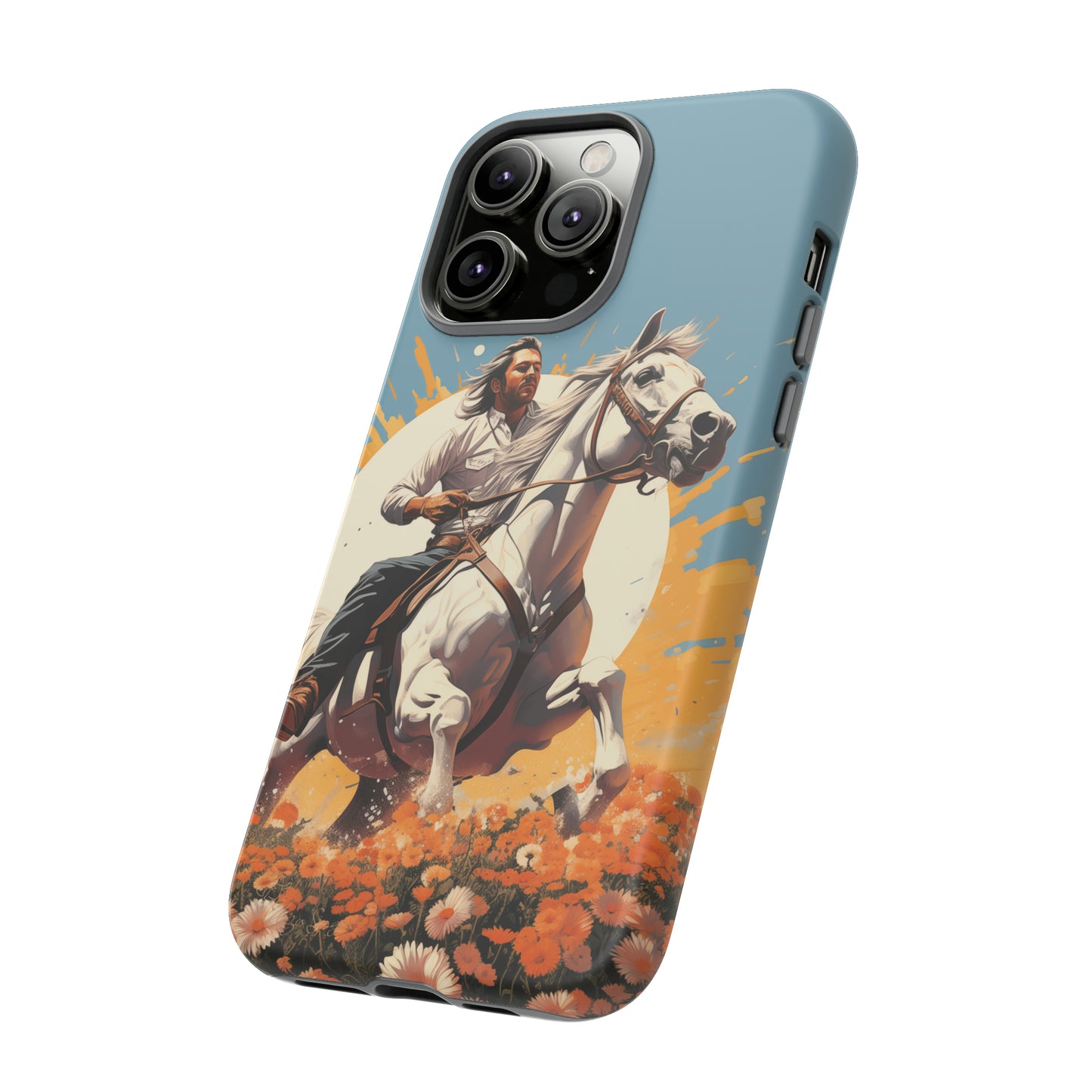 Retro Radiance Unleashed: Behold our Tough Western Cell Phone Case, featuring a vintage white horse and male rider on a vibrant turquoise backdrop. Set in a field of flowers with the sun casting a warm glow, this edition seamlessly blends style with protection. Embrace the past with this retro and stylish accessory. #ElizaSinger #PhoneCase #RetroRadiance