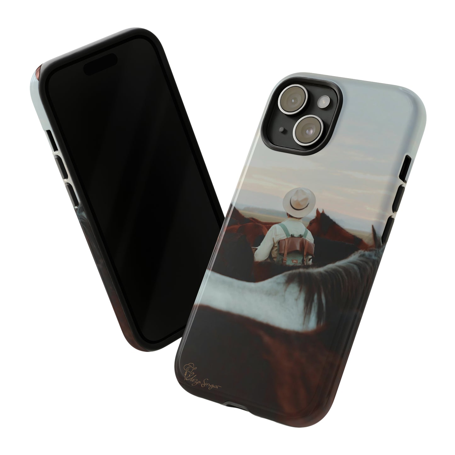 Ride into the Wild: Horse Art Western Photo Yellowstone Design iPhone Tough Protective Cover. Featuring a Cowboy amidst Mountains and Buckskin hues. Compatible with iPhone 15, 14, 13, XS, XR Pro/Max/Mini/P/Plus. Embrace the Spirit of the West with Style and Durability. #ElizaSinger #PhoneCase #WesternDesign