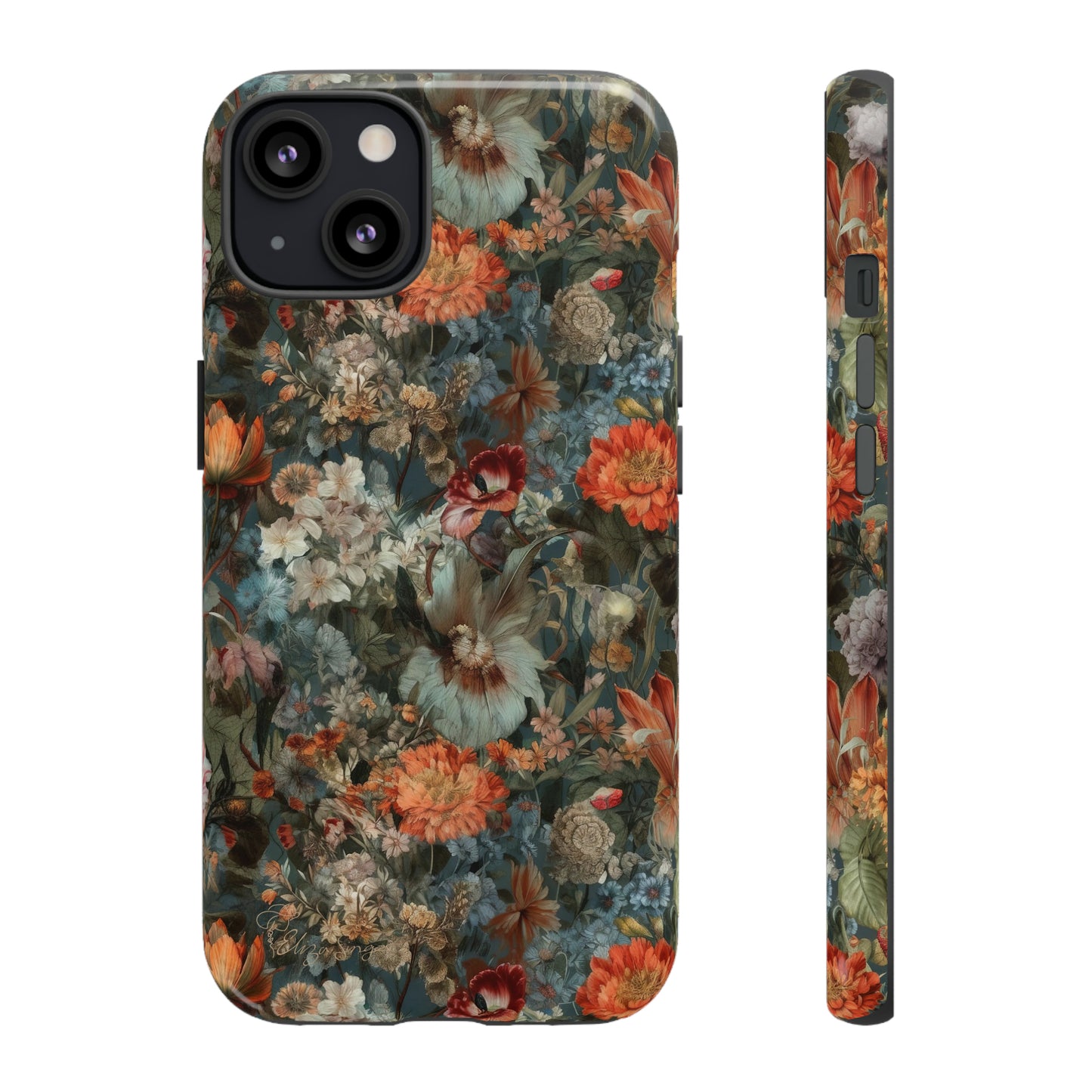 Blooms in Shadows: Botany Floral Dark Flowers iPhone Tough Protective Cover. A captivating blend of Flowers in muted colors, compatible with iPhone 15, 14, 13, XS, XR Pro/Max/Mini/P/Plus. Unleash Nature's Elegance with Durability and Style. #ElizaSinger #PhoneCase #FloralDesign