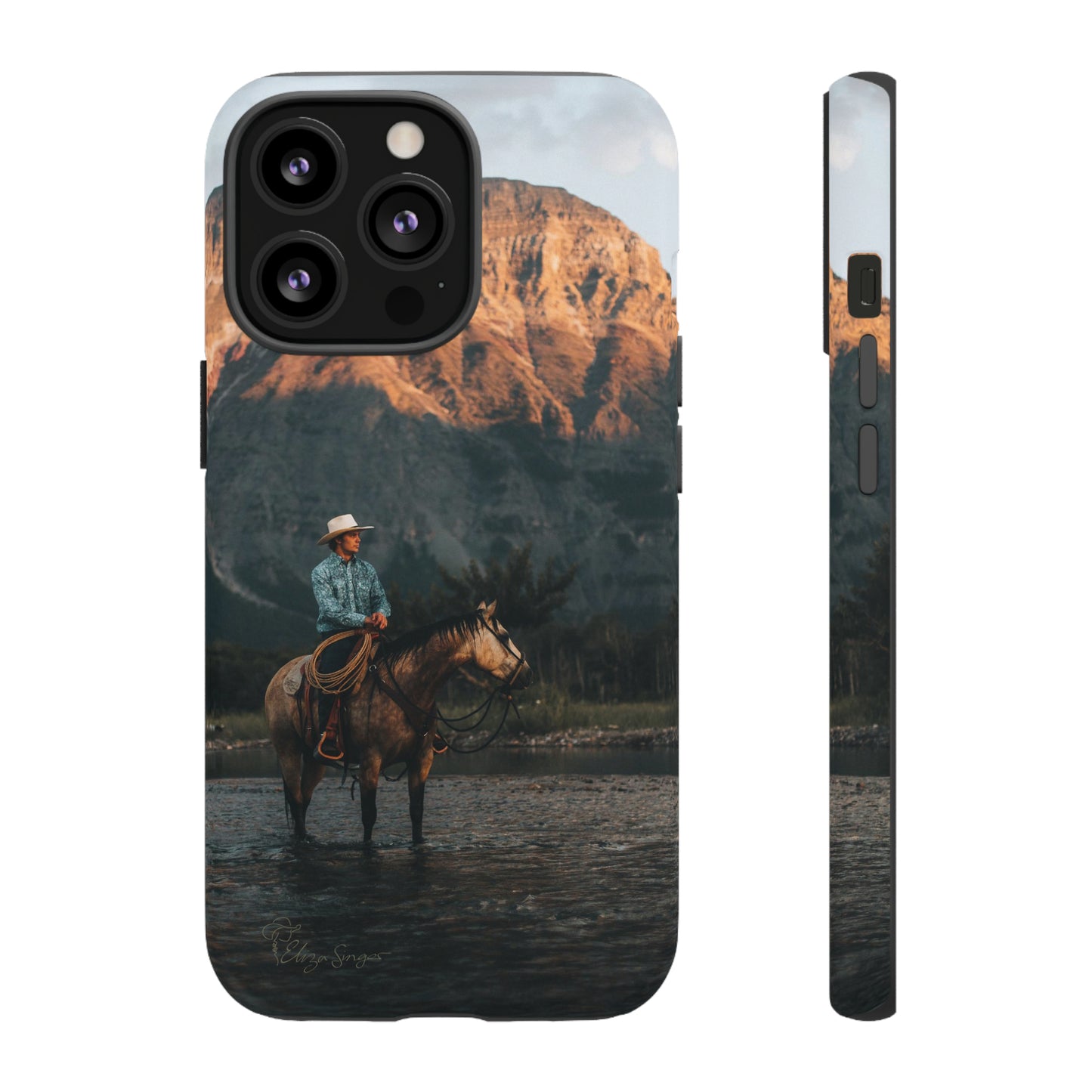 Capture the Wild: Horse Art Western Photo Yellowstone Design iPhone Tough Protective Cover. Featuring a Cowboy amidst Mountains and Buckskin hues, compatible with iPhone 15, 14, 13, XS, XR Pro/Max/Mini/P/Plus. Embrace the Spirit of the West with Style and Durability. #ElizaSinger #PhoneCase #WesternDesign