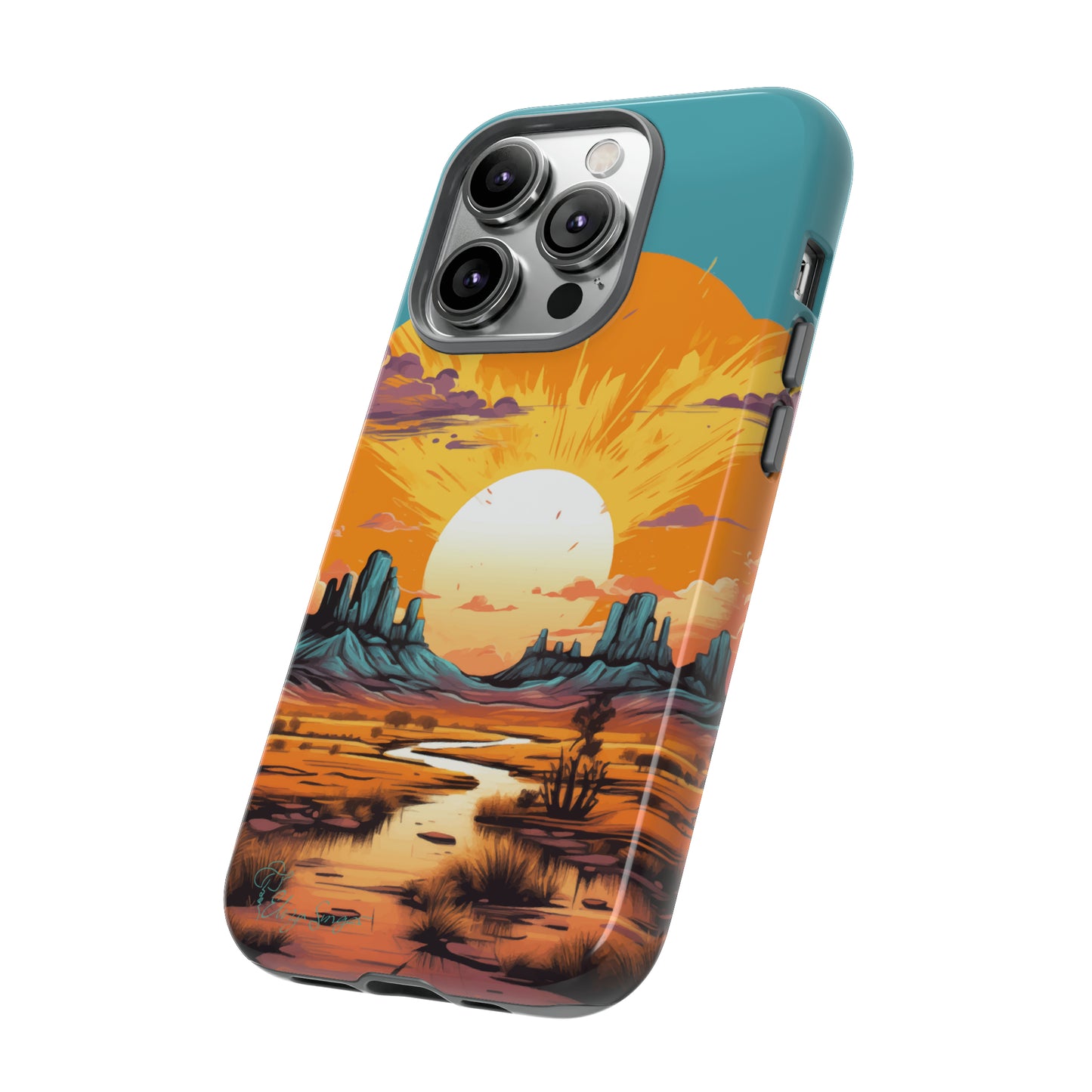 Introducing our Tough Western Cell Phone Case: Turquoise Twilight Oasis Edition! This captivating design showcases a serene landscape with a turquoise background and a mesmerizing setting sun. Enjoy the perfect blend of rugged protection and artistic flair.