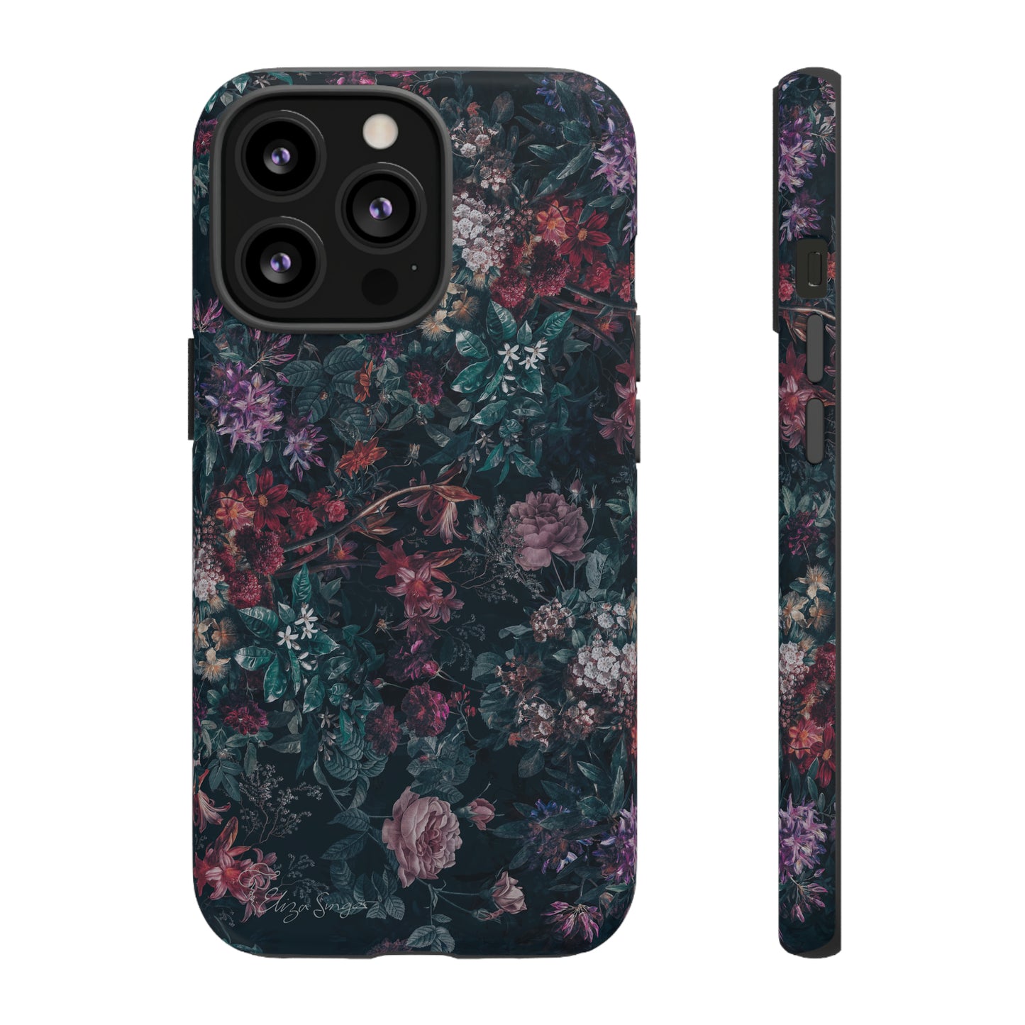 Blooms in Shadows: Botany Floral Dark iPhone Tough Protective Cover. A captivating blend of Flowers in a muted design, compatible with iPhone 15, 14, 13, 12, 11, XS, XR Pro/Max/Mini/P/Plus. Unleash Nature's Elegance with Durability and Style. #ElizaSinger #PhoneCase #FloralDesign