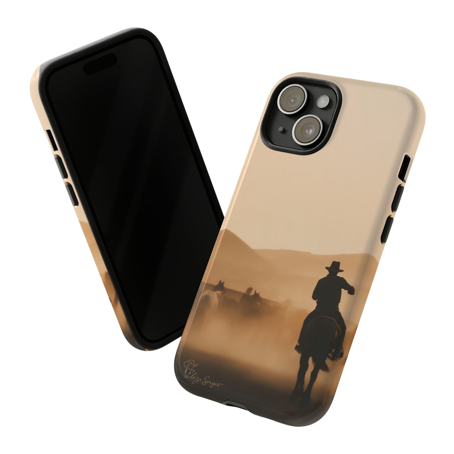 Capture the Western Spirit: Horse Art Western Photo Yellowstone Design iPhone Tough Protective Cover. Featuring a Cowboy amidst Mountains and Buckskin hues. Compatible with iPhone 15, 14, 13, XS, XR Pro/Max/Mini/P/Plus. Bring the Wild West to Your Device with Style and Durability. #ElizaSinger #PhoneCase #WesternDesign