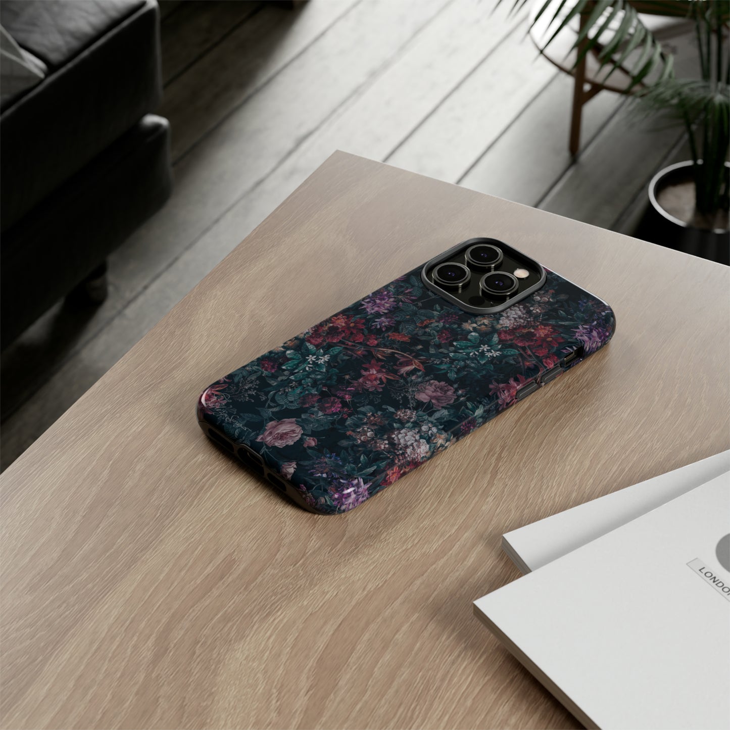Blooms in Shadows: Botany Floral Dark iPhone Tough Protective Cover. A captivating blend of Flowers in a muted design, compatible with iPhone 15, 14, 13, 12, 11, XS, XR Pro/Max/Mini/P/Plus. Unleash Nature's Elegance with Durability and Style. #ElizaSinger #PhoneCase #FloralDesign