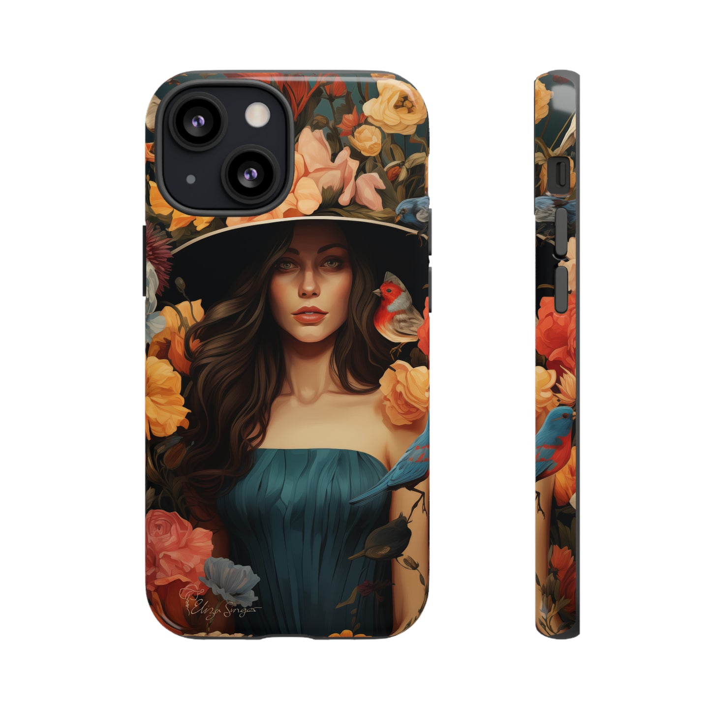 Dark Elegance Unveiled: Explore our Tough Cell Phone Case with a captivating dark background and a woman adorned with a hat amid blooming flowers. This edition seamlessly blends sophistication with robust protection, showcasing the allure of dark elegance. Elevate your style and shield your device. #ElizaSinger #PhoneCase #ElegantProtection