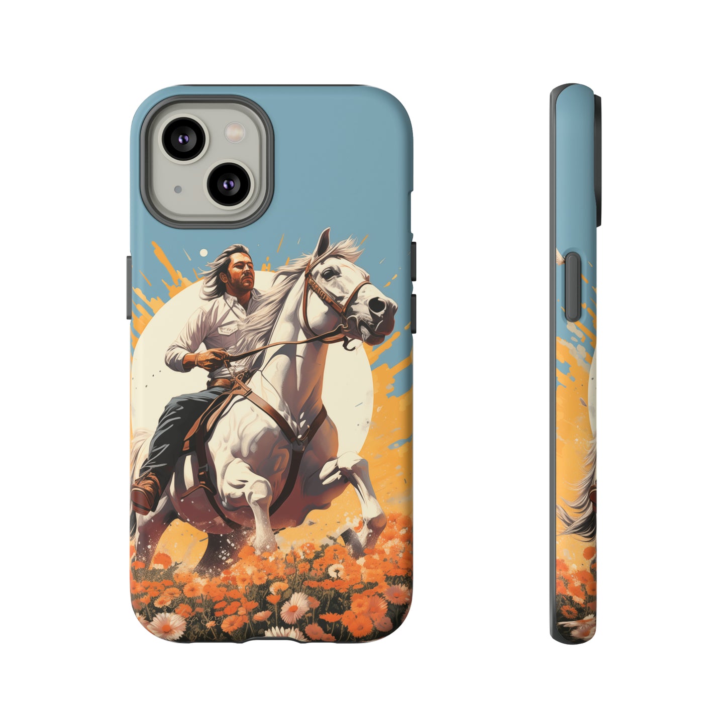 Retro Radiance Unleashed: Behold our Tough Western Cell Phone Case, featuring a vintage white horse and male rider on a vibrant turquoise backdrop. Set in a field of flowers with the sun casting a warm glow, this edition seamlessly blends style with protection. Embrace the past with this retro and stylish accessory. #ElizaSinger #PhoneCase #RetroRadiance