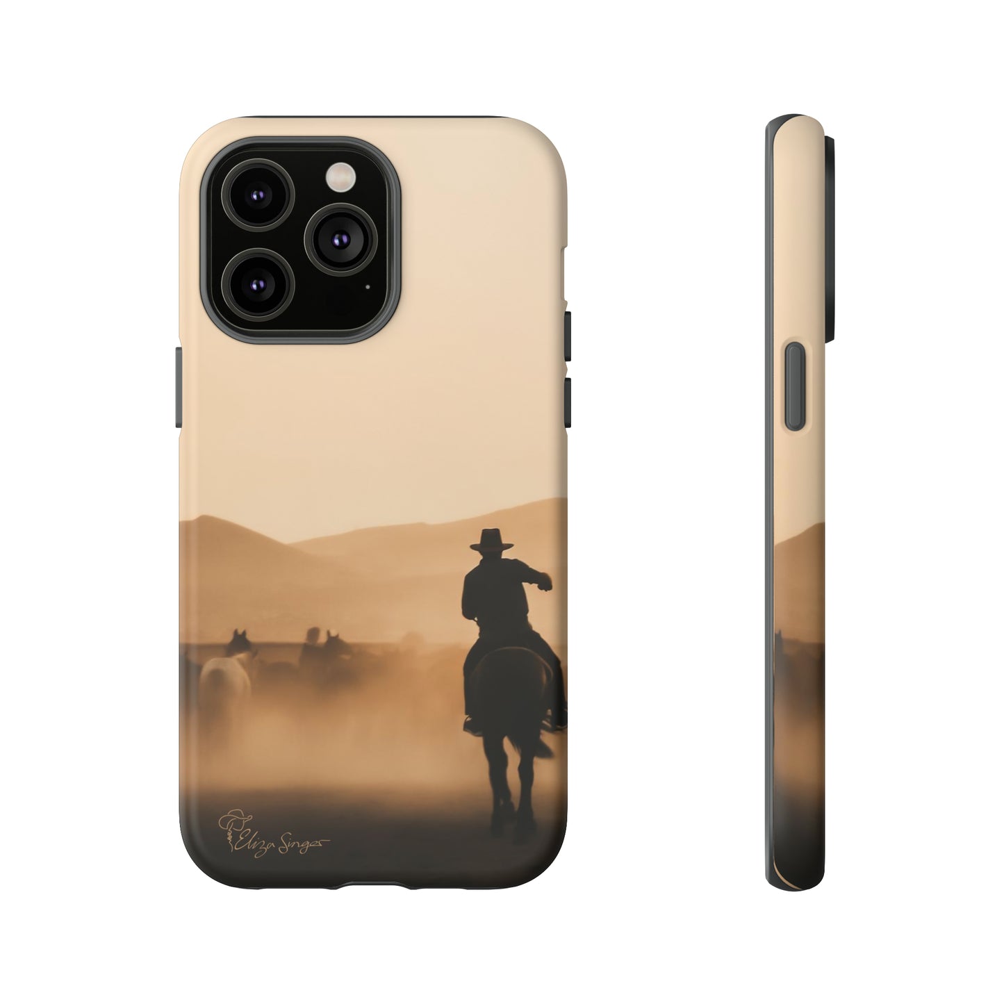 Capture the Western Spirit: Horse Art Western Photo Yellowstone Design iPhone Tough Protective Cover. Featuring a Cowboy amidst Mountains and Buckskin hues. Compatible with iPhone 15, 14, 13, XS, XR Pro/Max/Mini/P/Plus. Bring the Wild West to Your Device with Style and Durability. #ElizaSinger #PhoneCase #WesternDesign