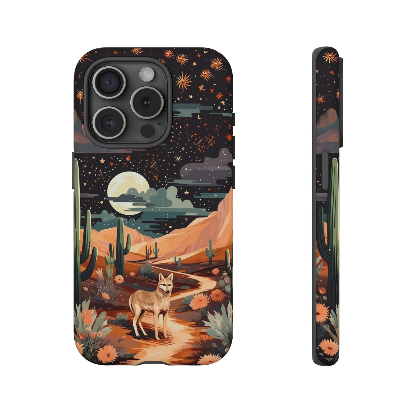 Unveiling our Tough Western Cell Phone Case: Stellar Desert Jackal Edition! Embrace the beauty of the night with a jackal in a desert landscape, under a starry sky, surrounded by cacti. This case provides rugged protection with a touch of celestial elegance.