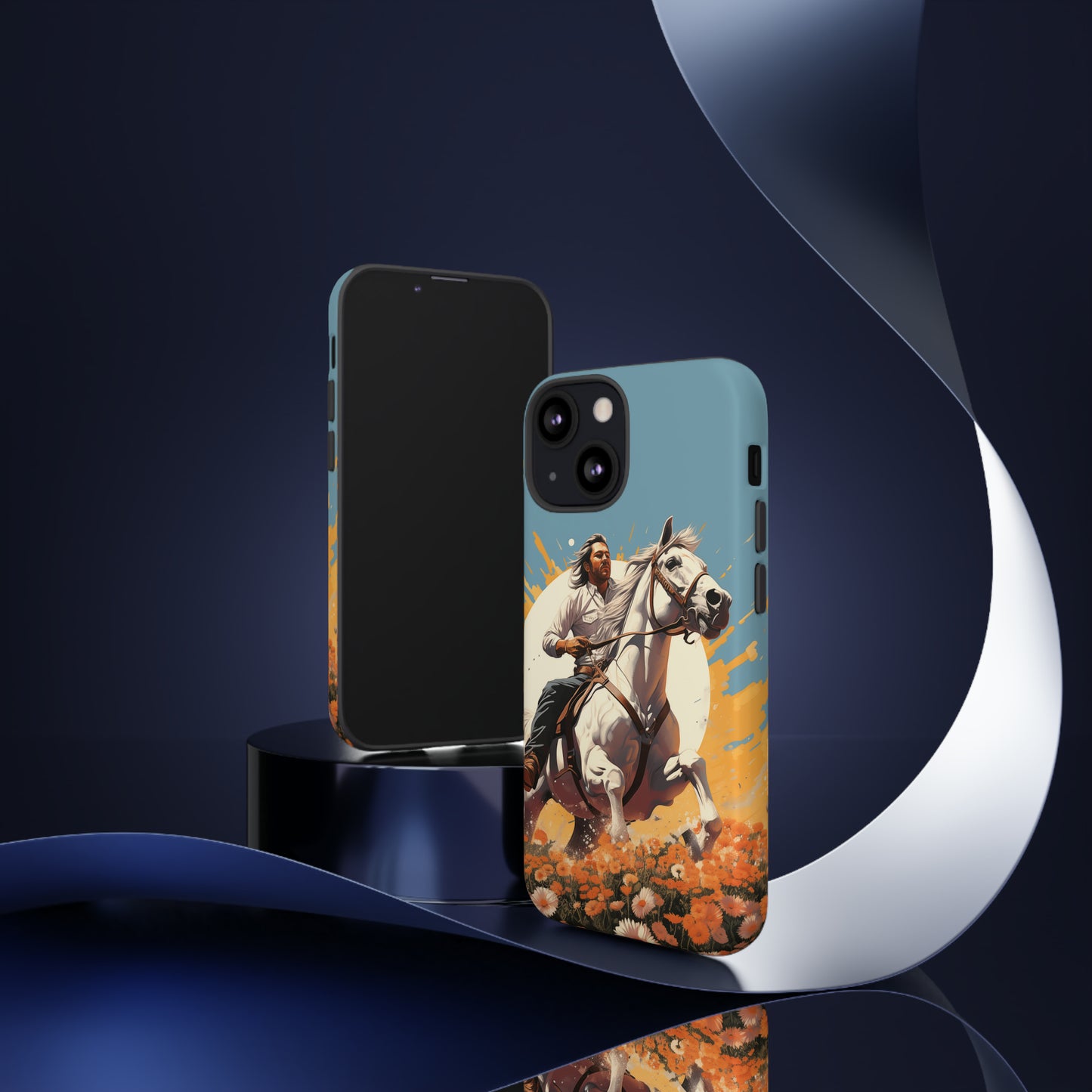 Retro Radiance Unleashed: Behold our Tough Western Cell Phone Case, featuring a vintage white horse and male rider on a vibrant turquoise backdrop. Set in a field of flowers with the sun casting a warm glow, this edition seamlessly blends style with protection. Embrace the past with this retro and stylish accessory. #ElizaSinger #PhoneCase #RetroRadiance
