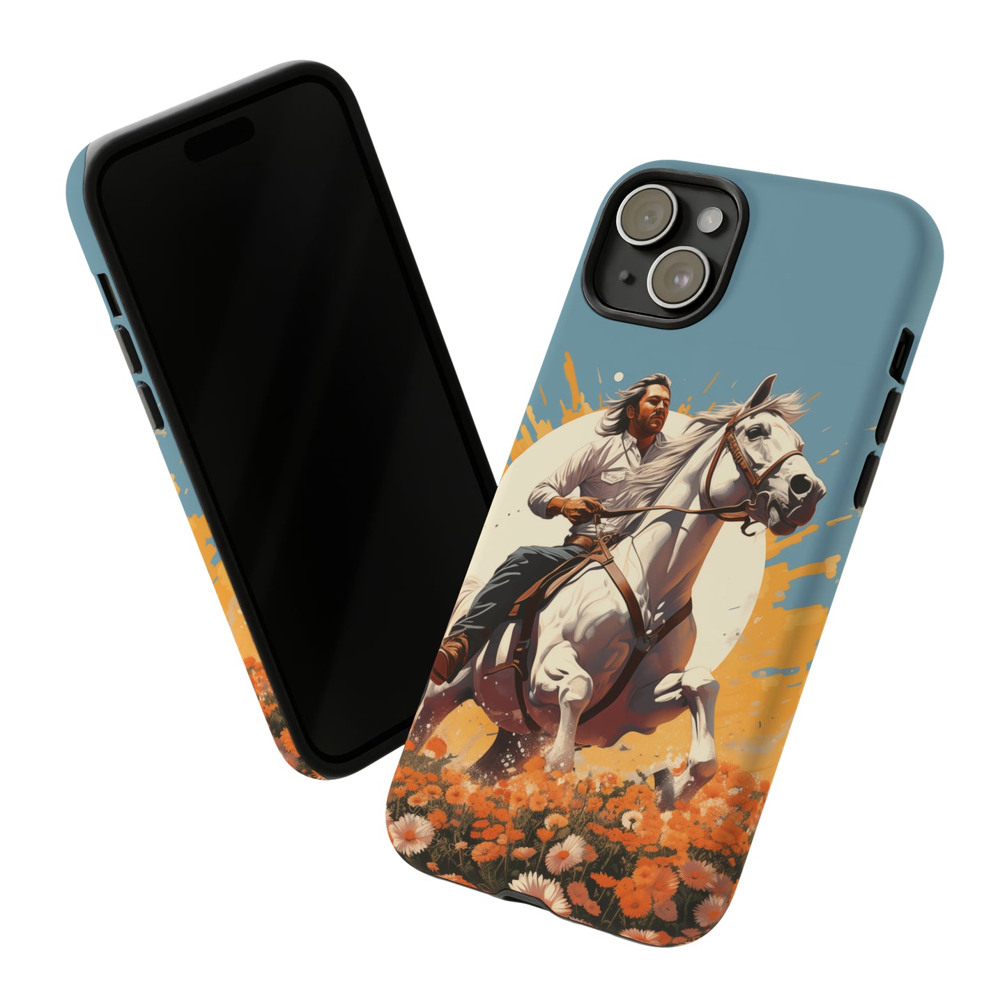 Retro Radiance Unleashed: Behold our Tough Western Cell Phone Case, featuring a vintage white horse and male rider on a vibrant turquoise backdrop. Set in a field of flowers with the sun casting a warm glow, this edition seamlessly blends style with protection. Embrace the past with this retro and stylish accessory. #ElizaSinger #PhoneCase #RetroRadiance
