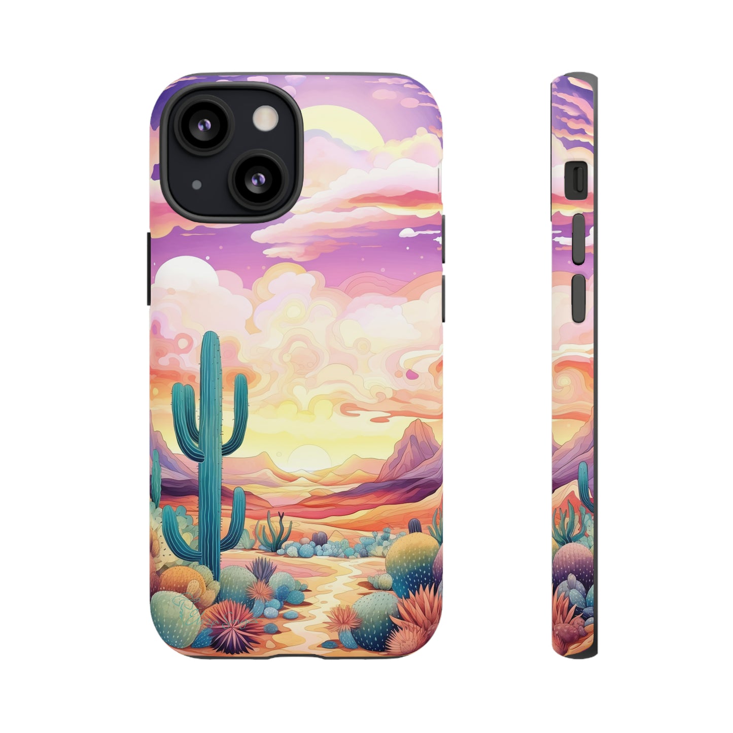 Introducing our Western Tough Cell Phone Case: Psychedelic Desert Dream Edition! Step into a surreal world with a psychedelic desert landscape, dreamy sky, and cactus. This case combines rugged protection with a touch of otherworldly charm.