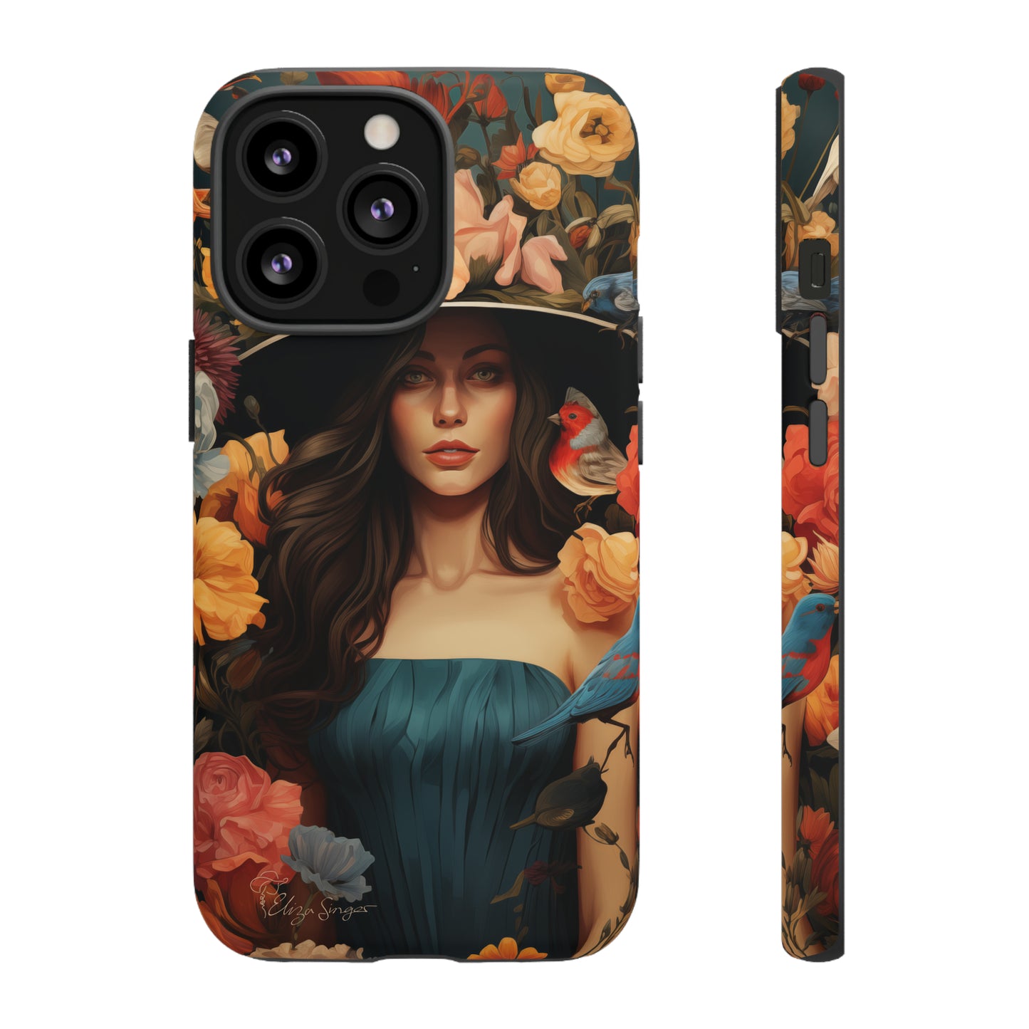 Dark Elegance Unveiled: Explore our Tough Cell Phone Case with a captivating dark background and a woman adorned with a hat amid blooming flowers. This edition seamlessly blends sophistication with robust protection, showcasing the allure of dark elegance. Elevate your style and shield your device. #ElizaSinger #PhoneCase #ElegantProtection